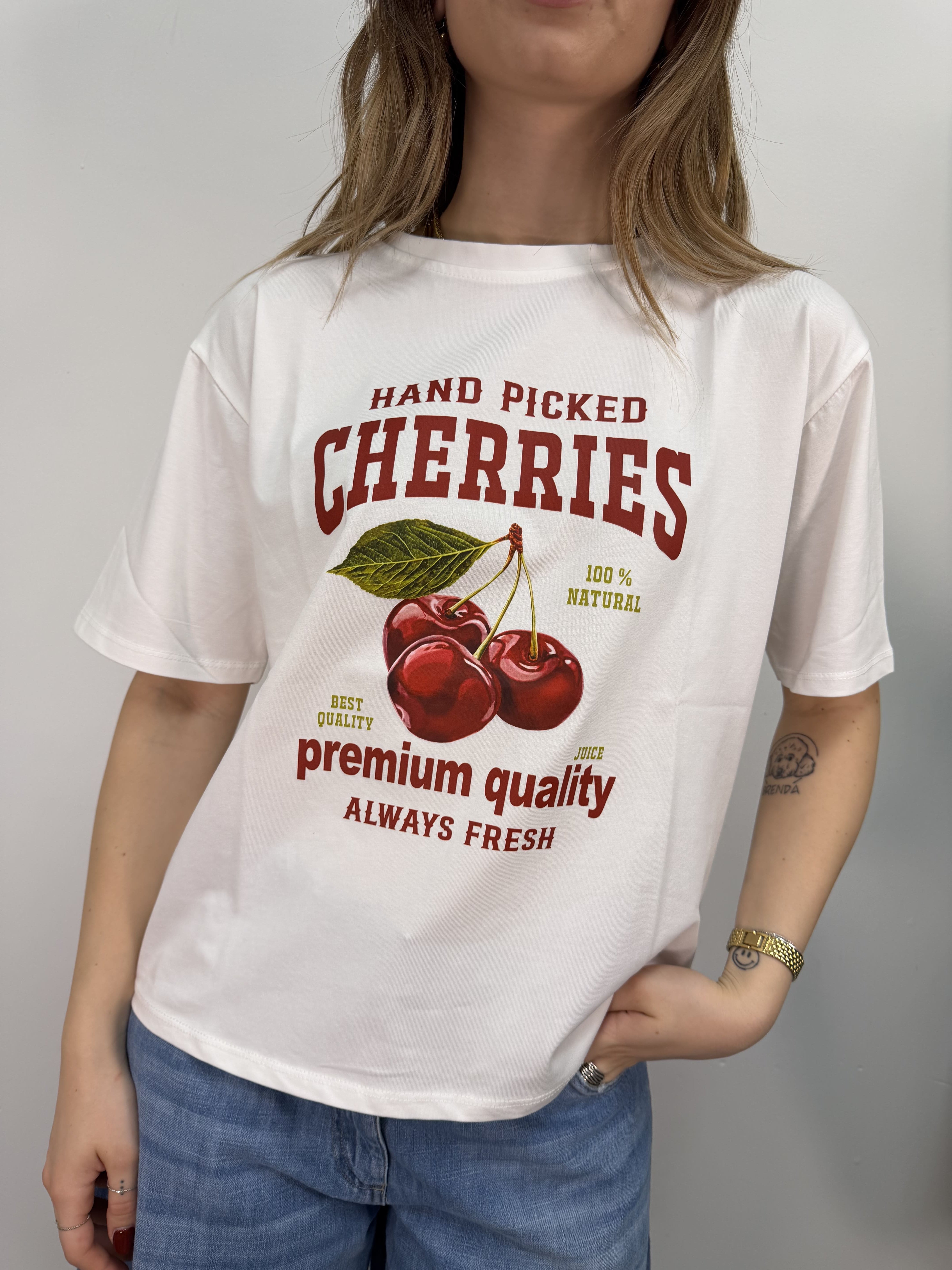 T-Shirt girocollo cotone stampa ciliegie Susy Mix