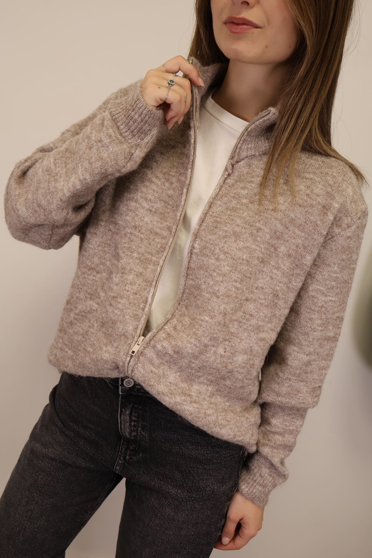 Cardigan collo cratere full zip beige MyD