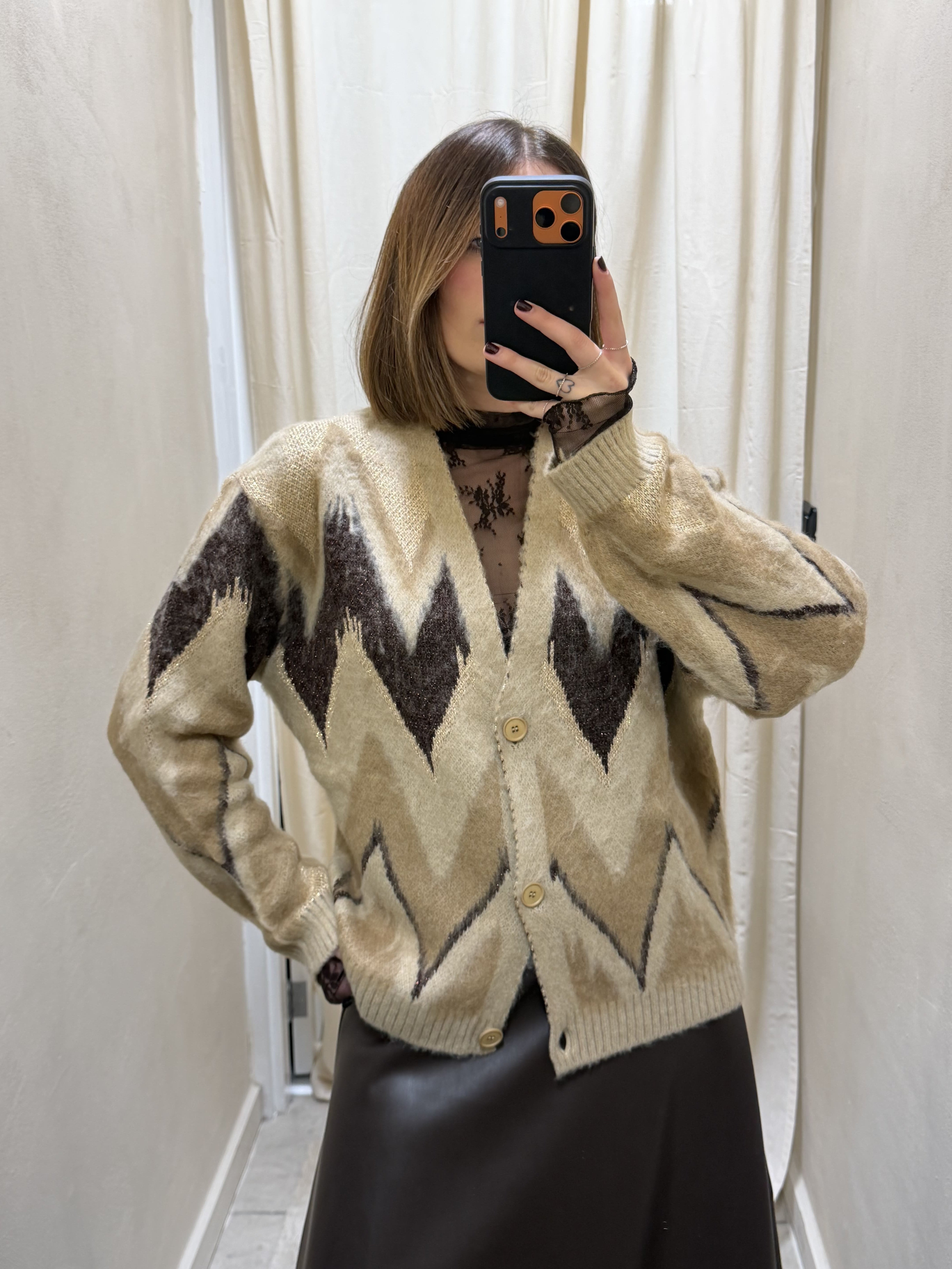 Cardigan lavorazione chevron e lurex con disegno geometrico Tensione In