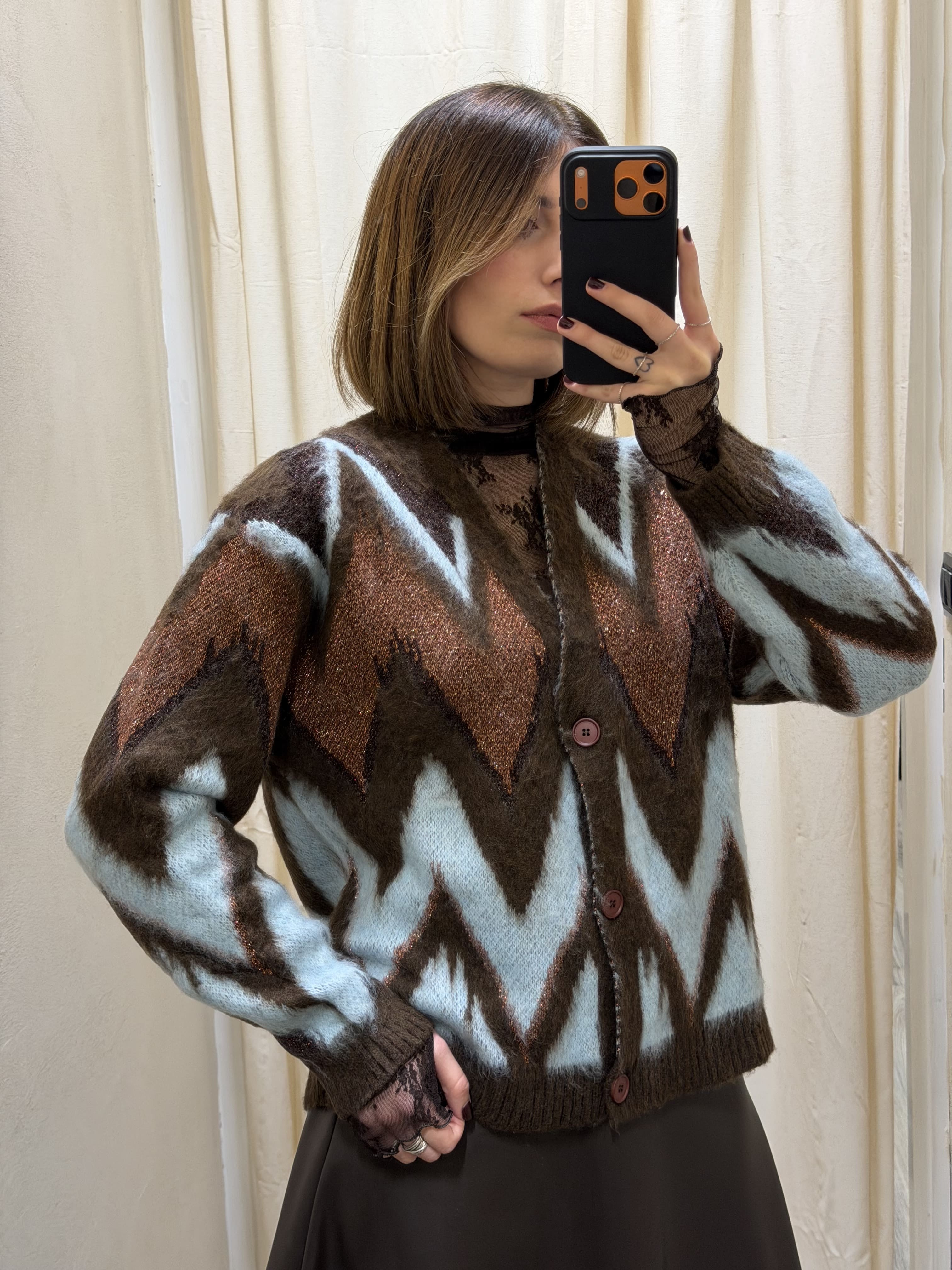 Cardigan lavorazione chevron e lurex con disegno geometrico Tensione In