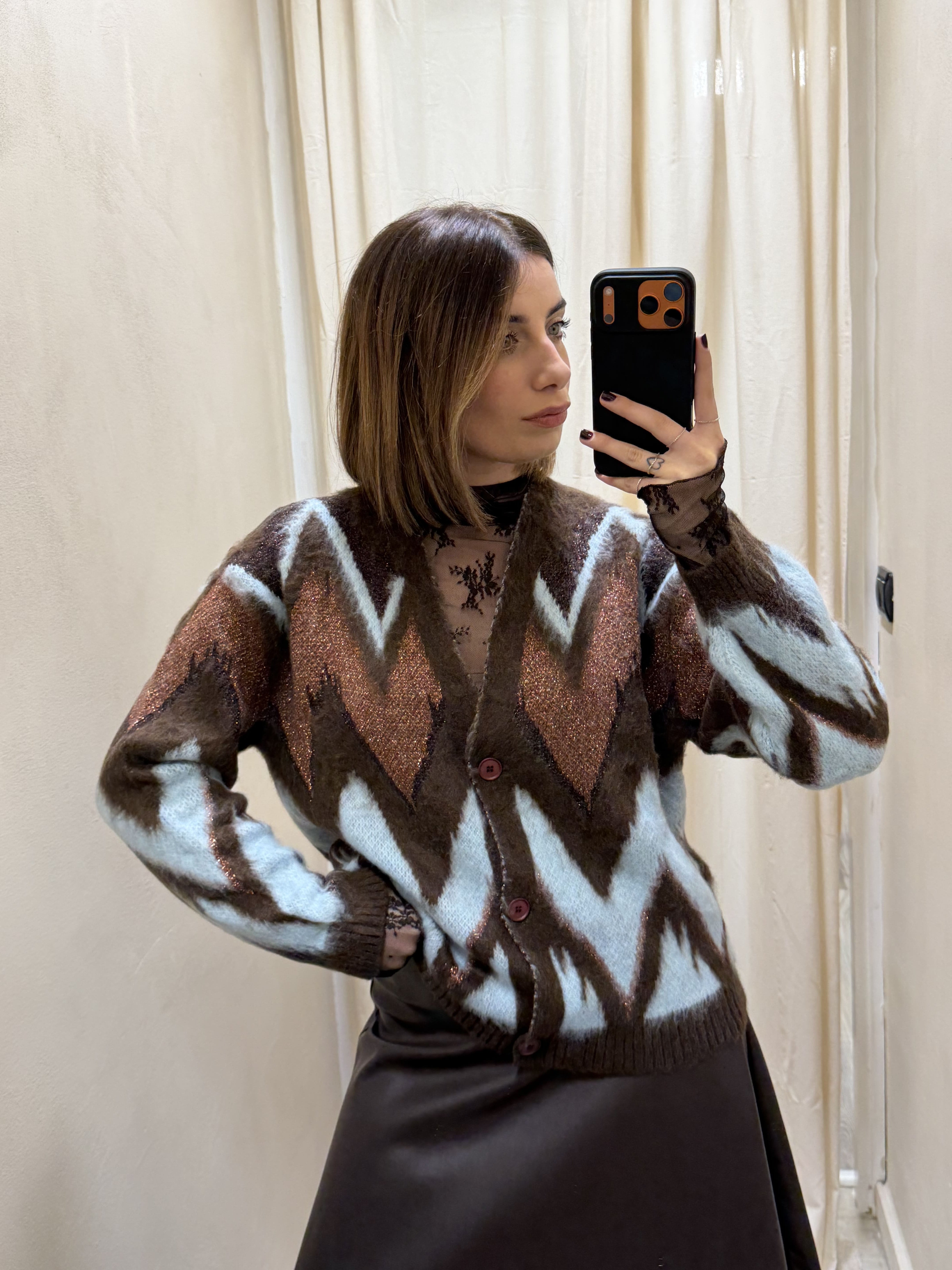 Cardigan lavorazione chevron e lurex con disegno geometrico Tensione In