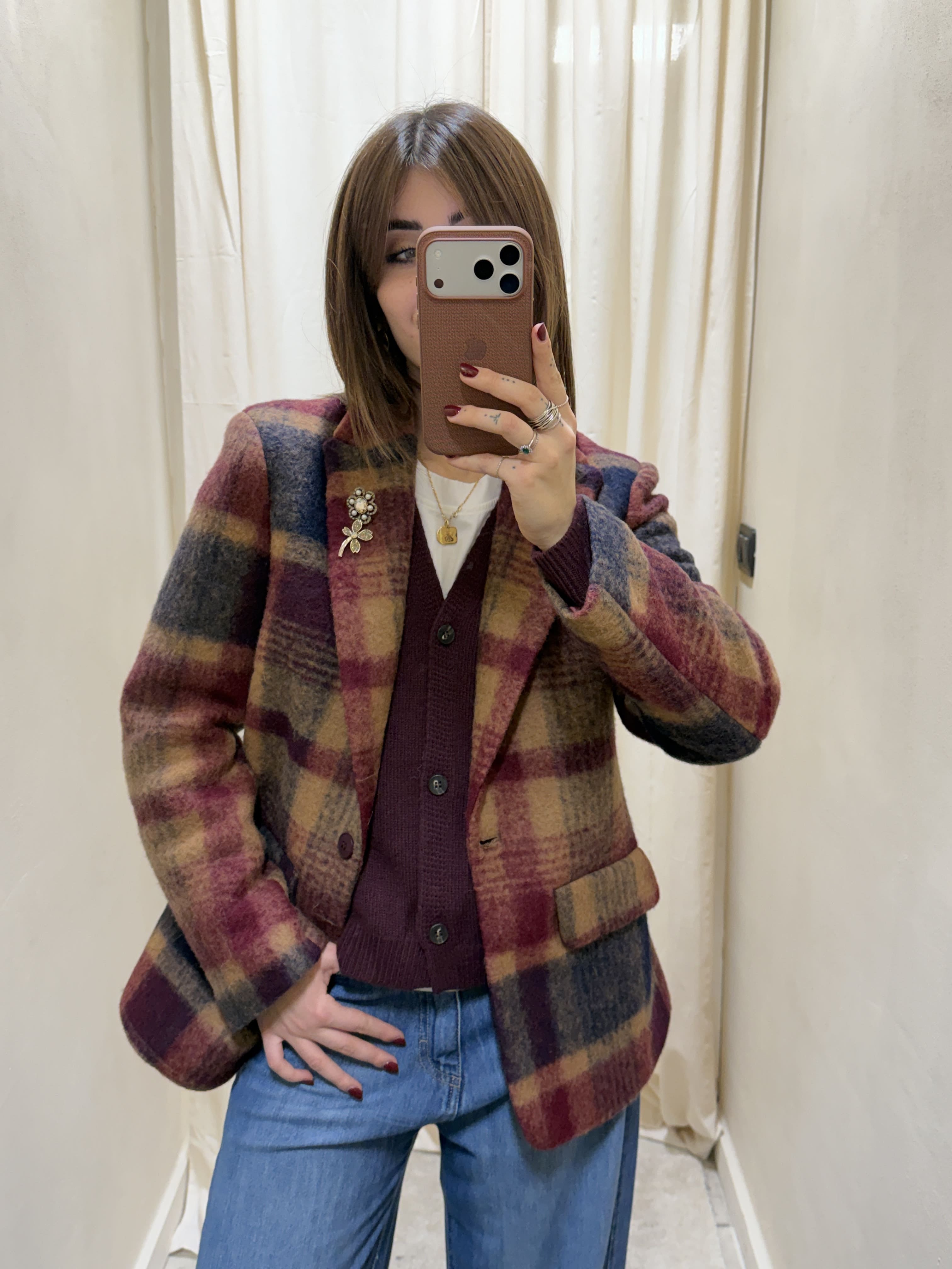 Giacca in panno stampa quadri con spille Susy Mix