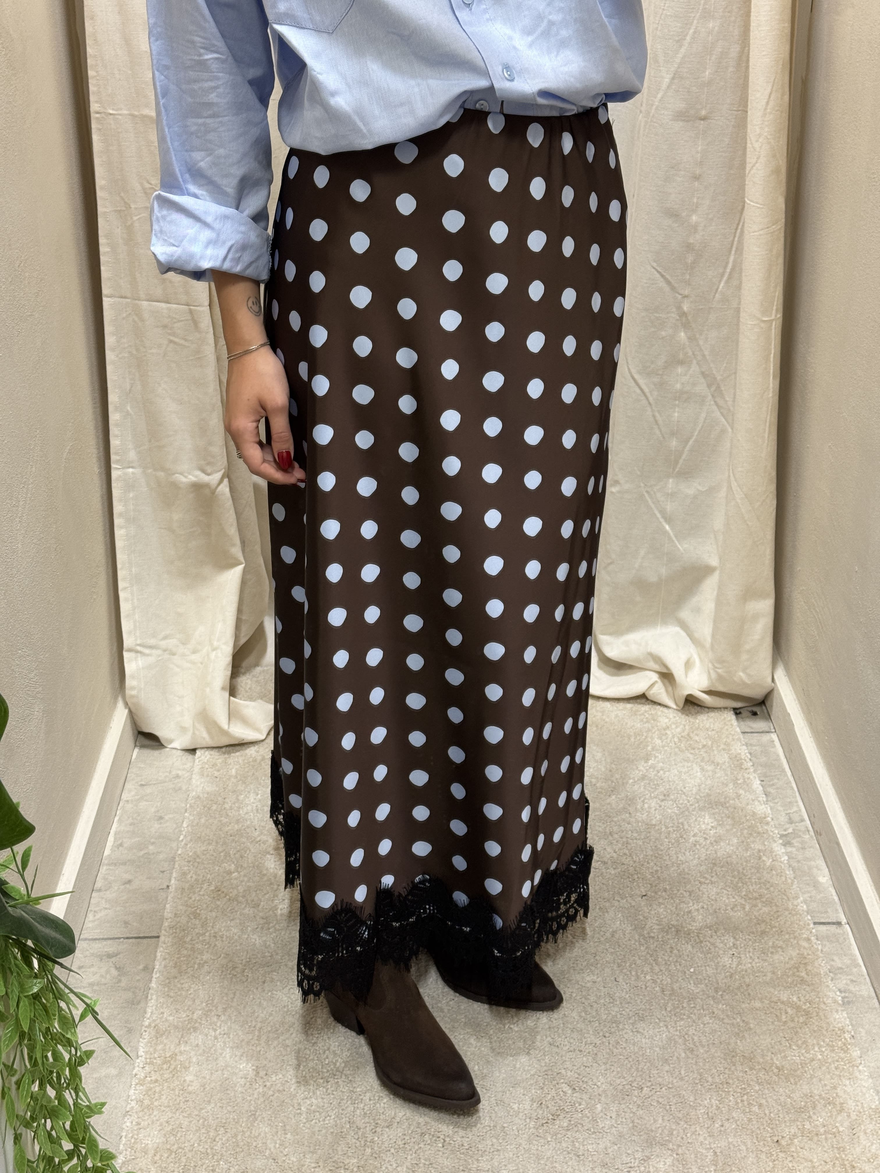 Gonna lunga satin con pois e pizzo Tensione In