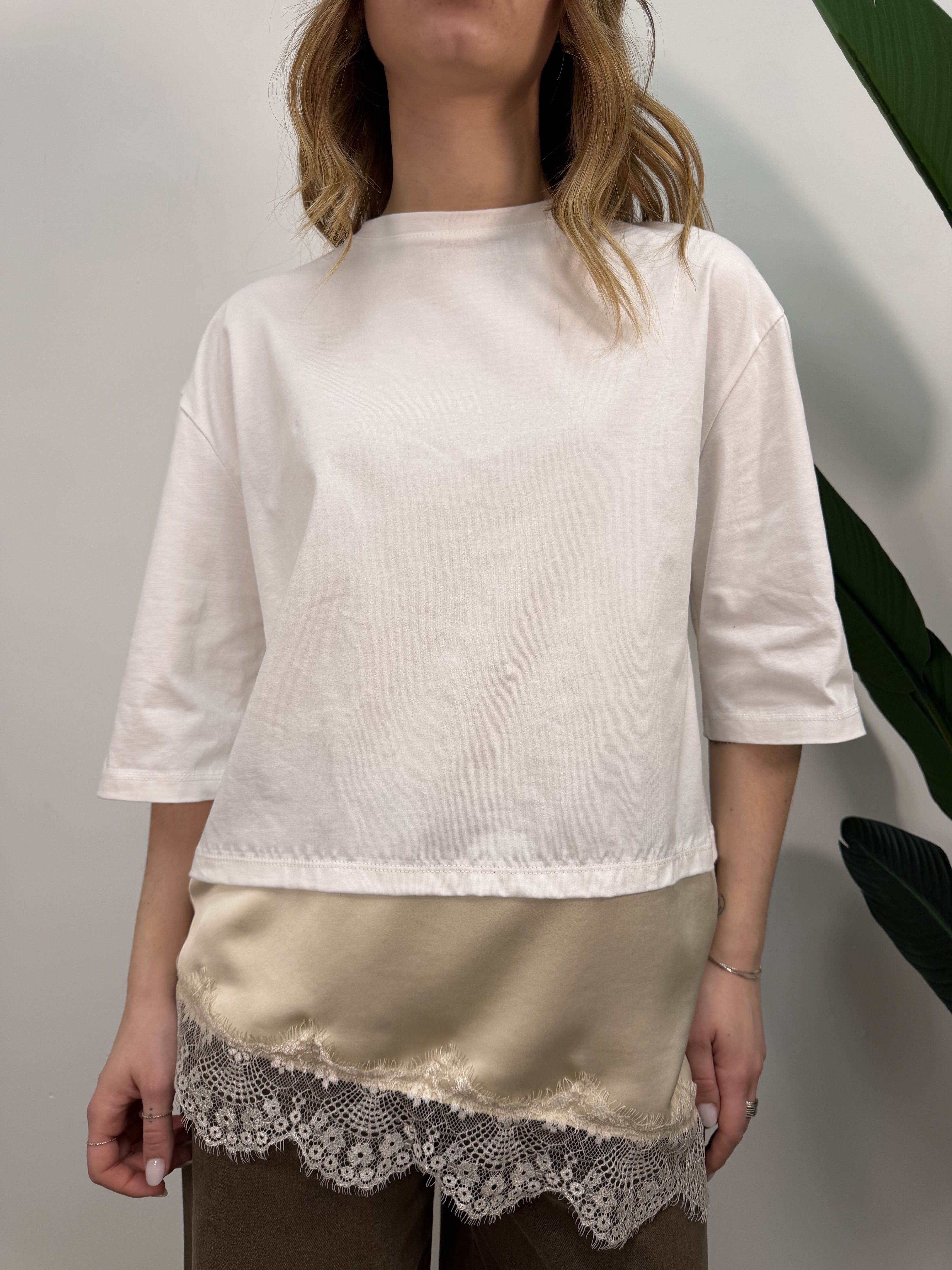 Maglia girocollo in cotone con inserto pizzo tensione In