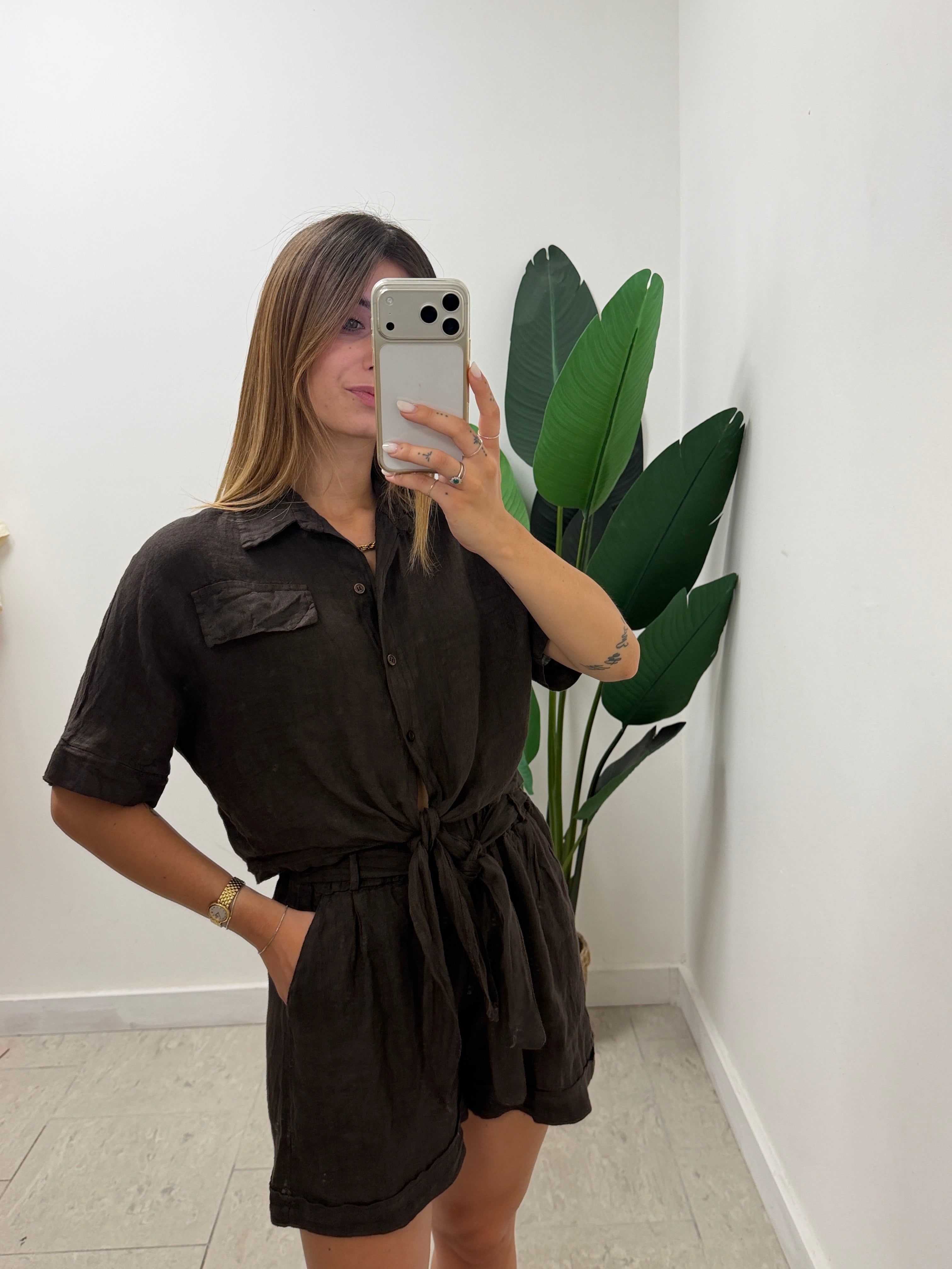 Camicia crop con nodo in 100% lino MyD