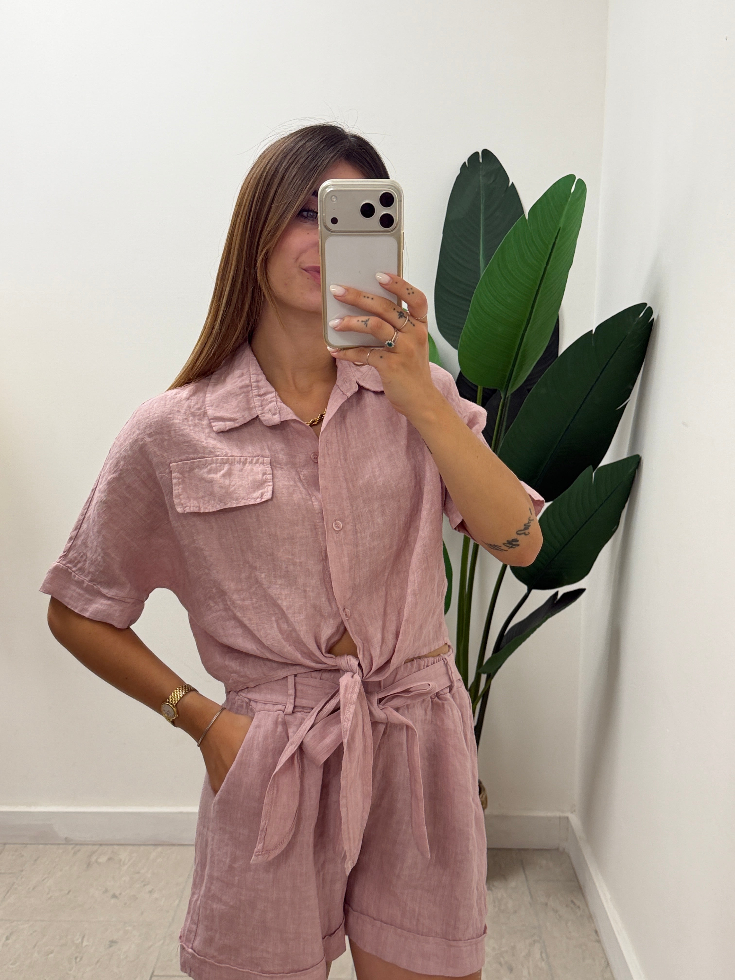 Camicia crop con nodo in 100% lino MyD