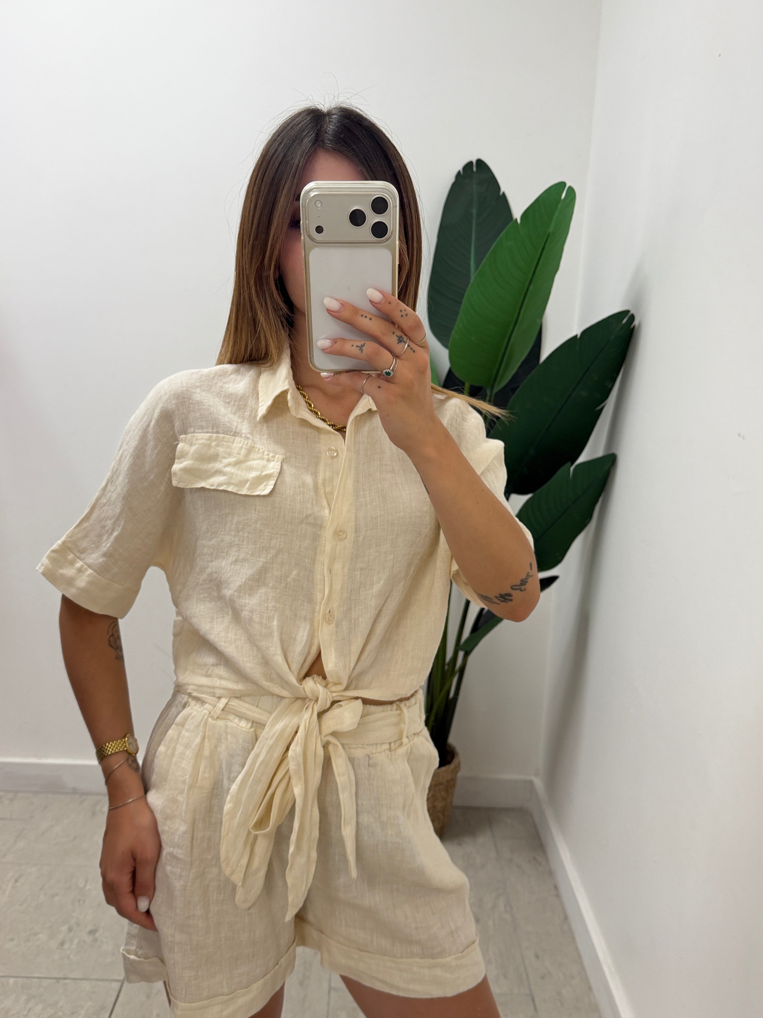 Camicia crop con nodo in 100% lino MyD