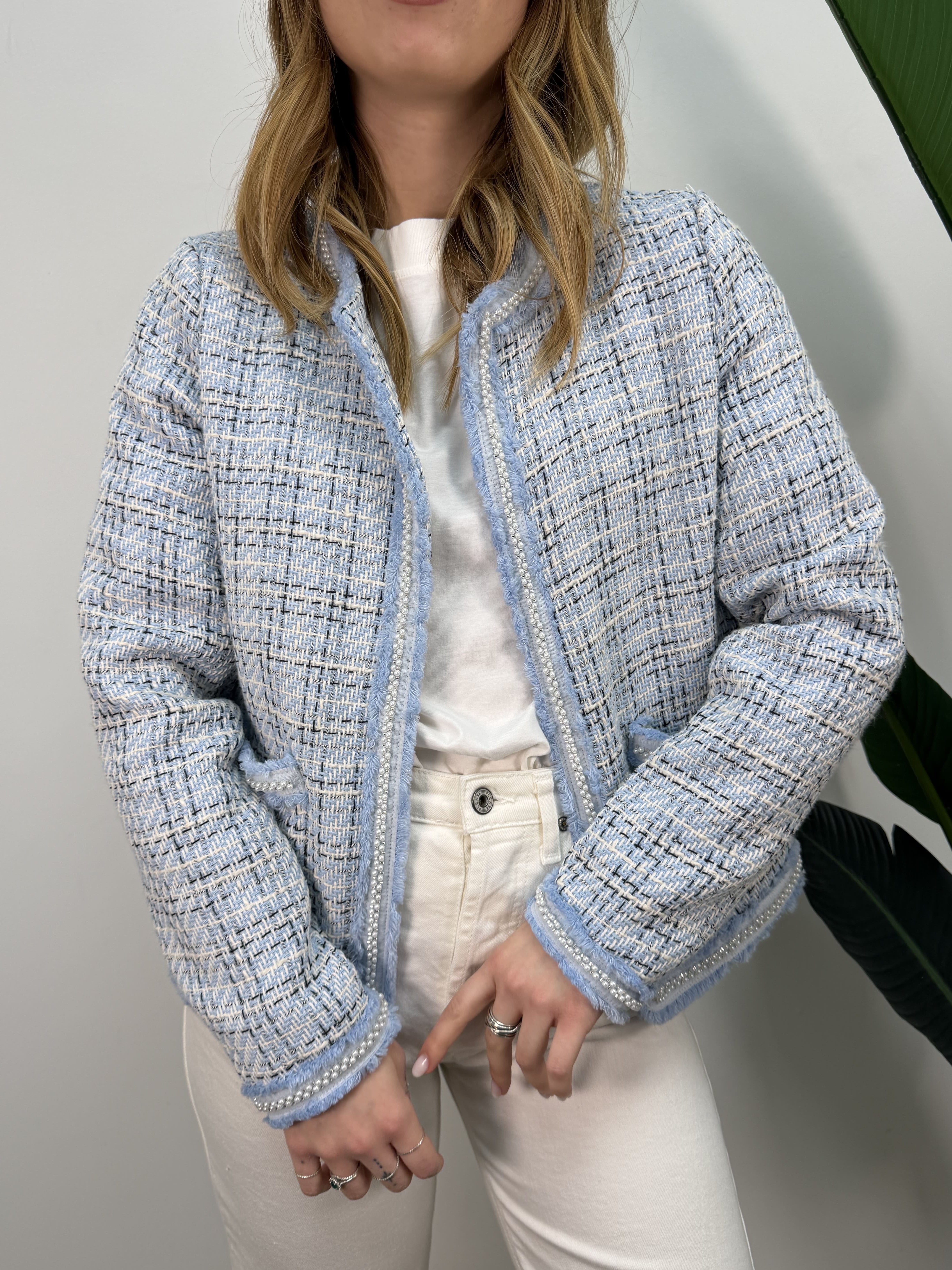 Giacca crop tessuto tweed con applicazione perline VICOLO