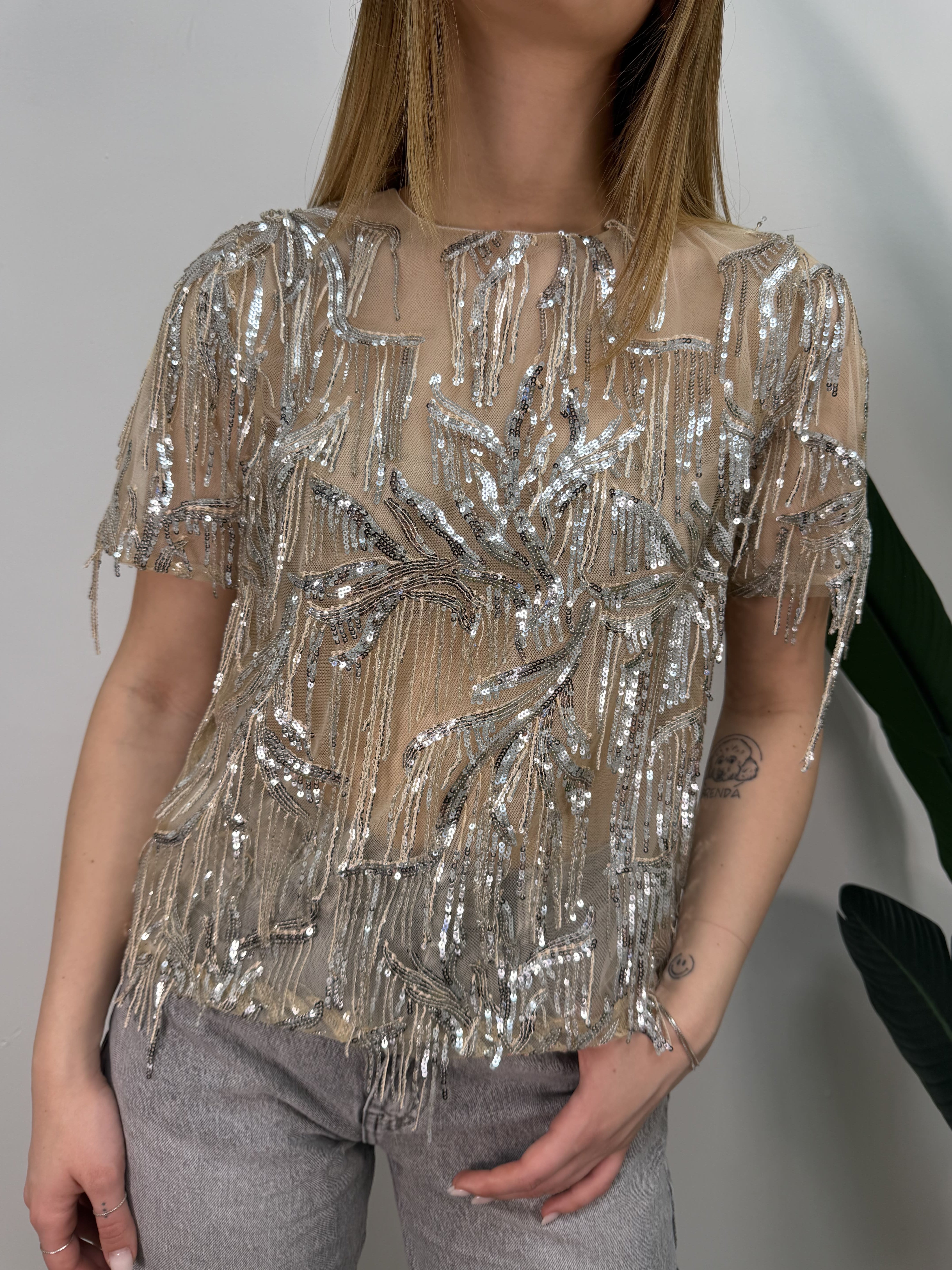 Top in tulle con paillettes argento Tensione In