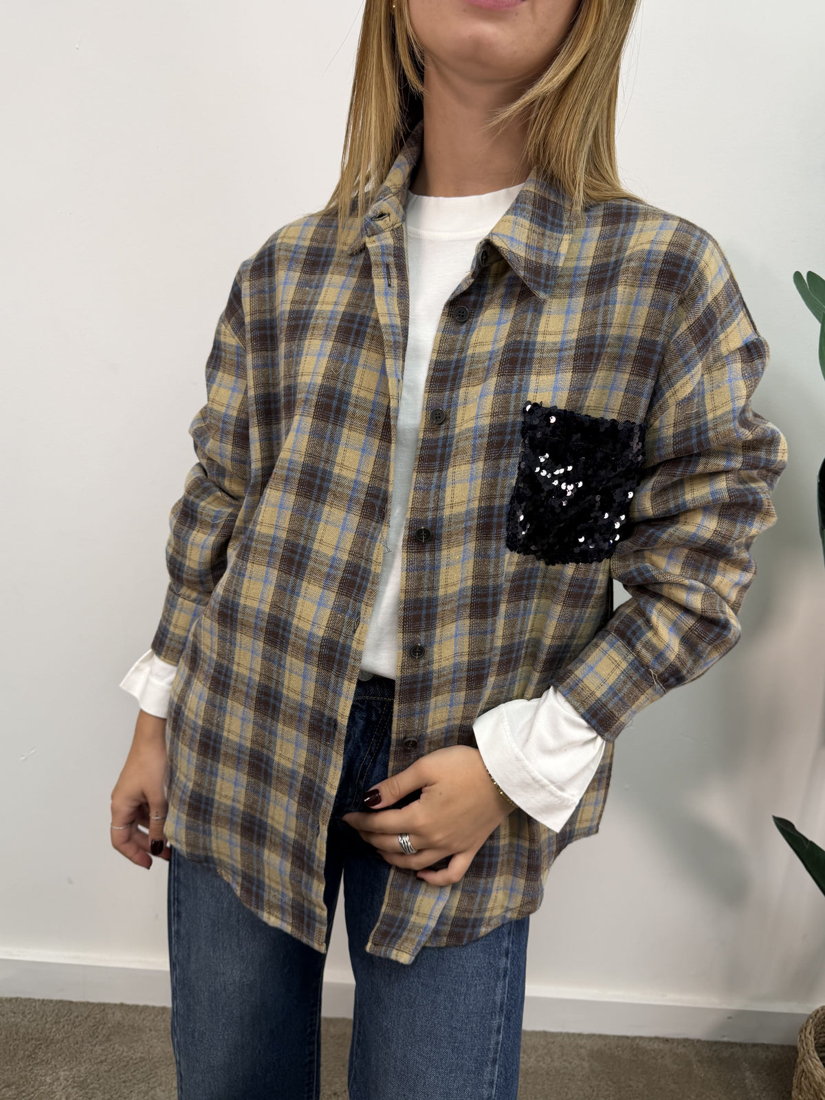 Camicia check flanella beige con taschino paillettes Tensione In