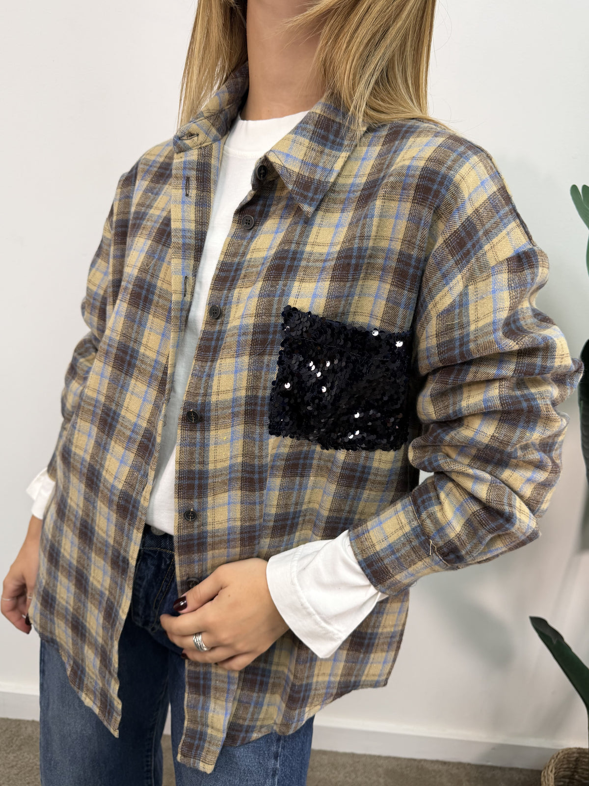 Camicia check flanella beige con taschino paillettes Tensione In