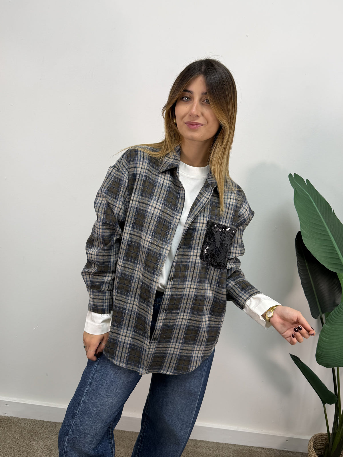 Camicia check flanella blu con taschino paillettes Tensione In
