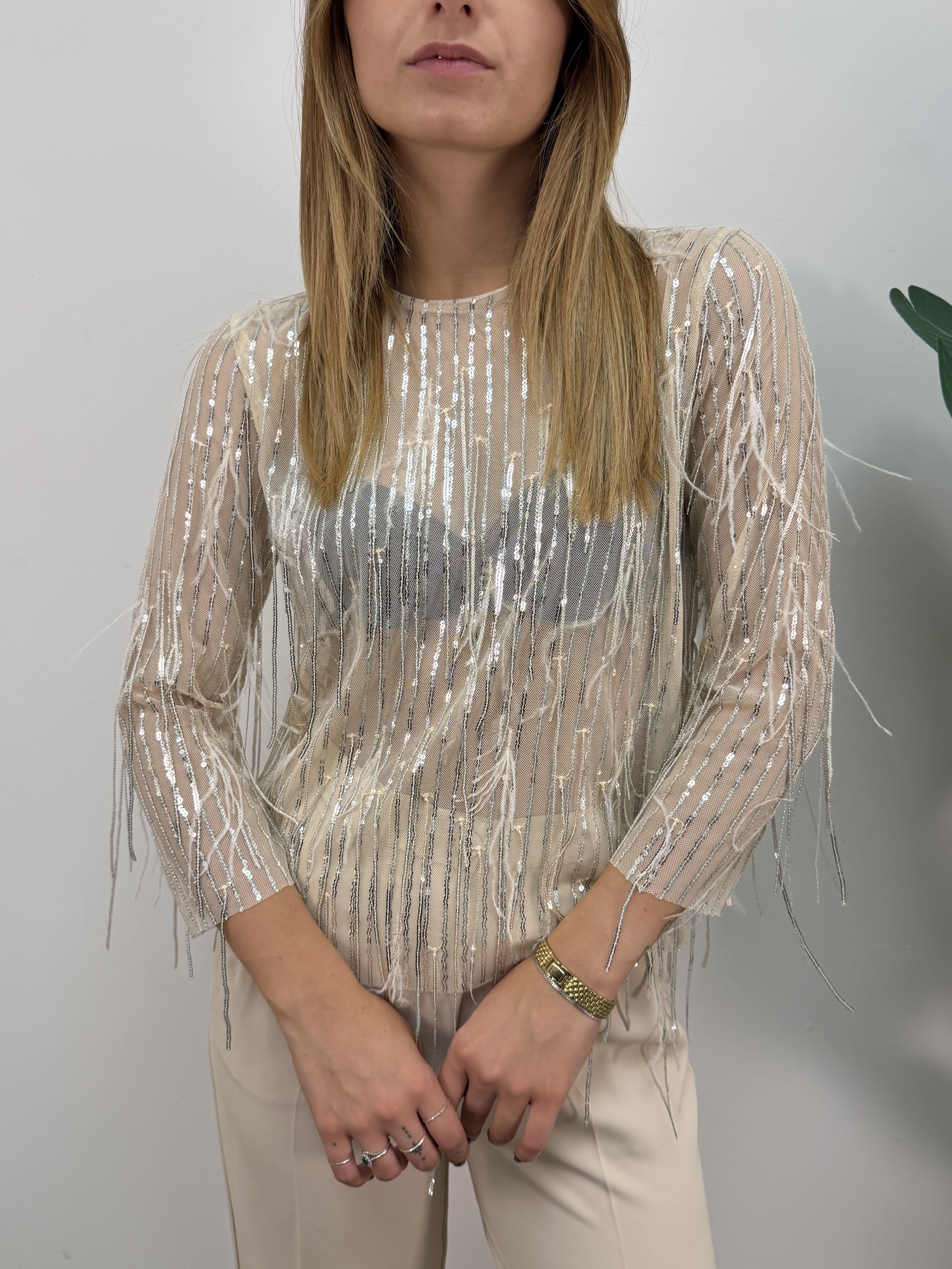 Blusa piume e paillettes argento Tensione In