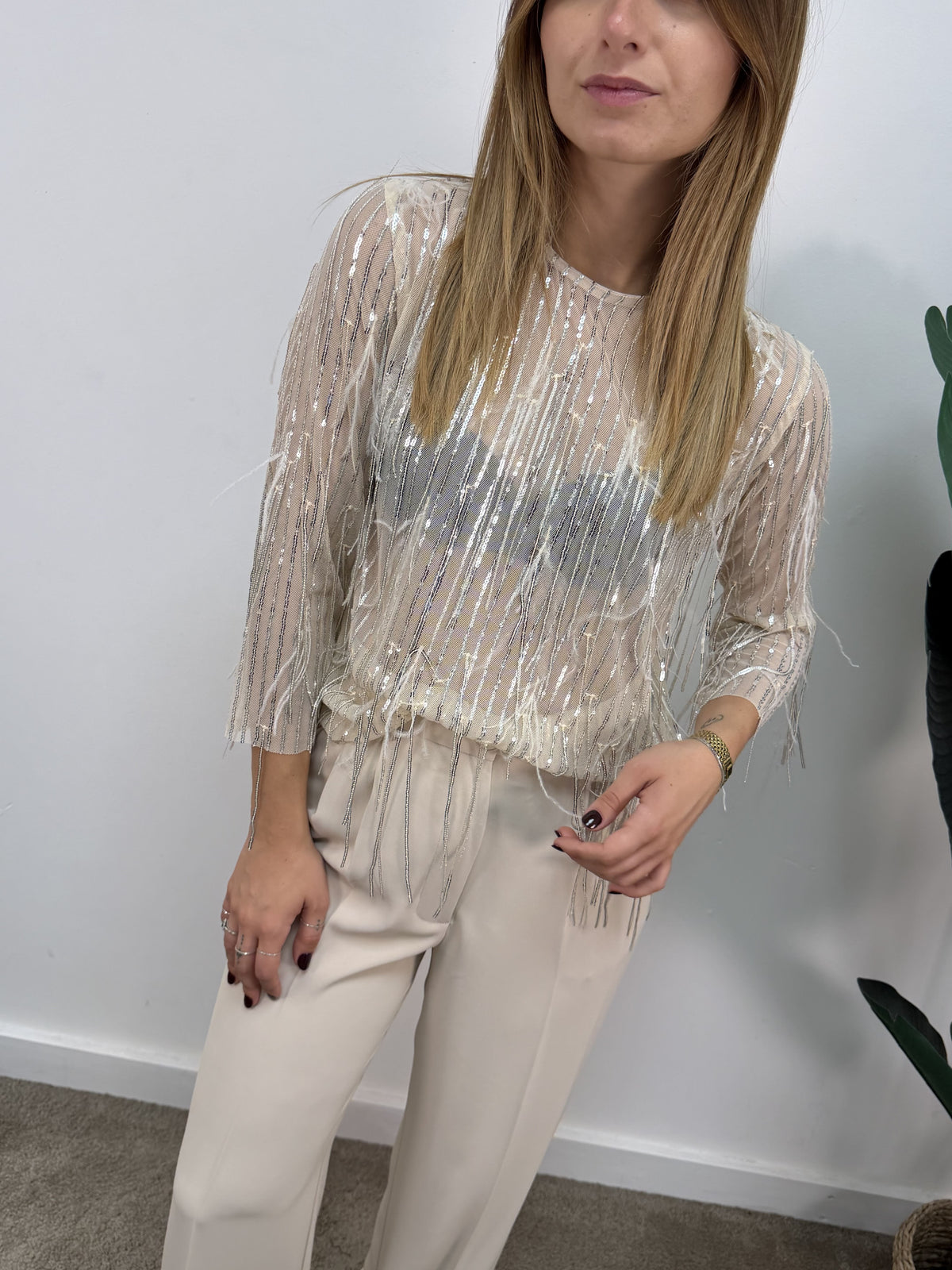 Blusa piume e paillettes argento Tensione In