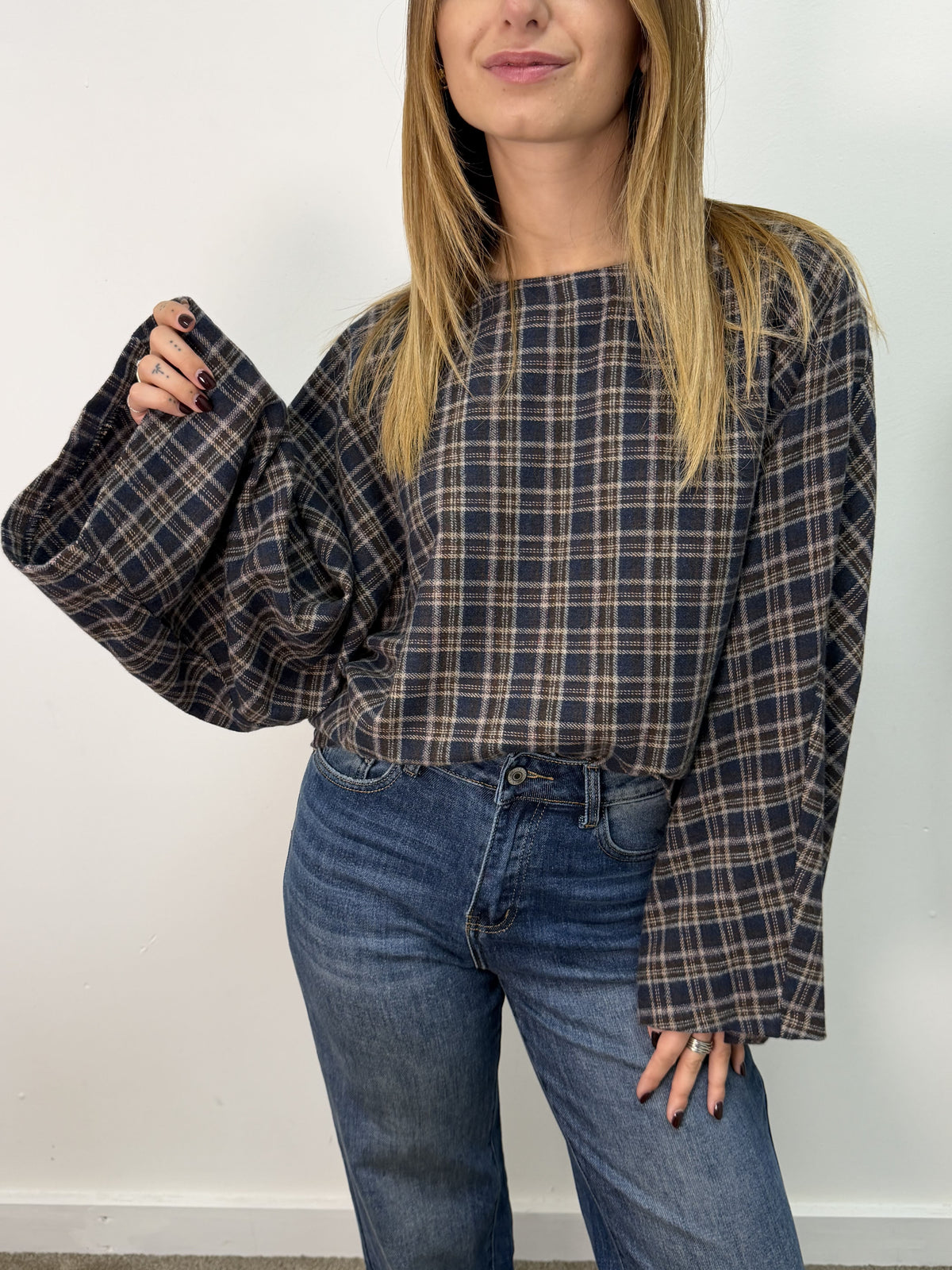 Blusa stampa check manica campana MyD