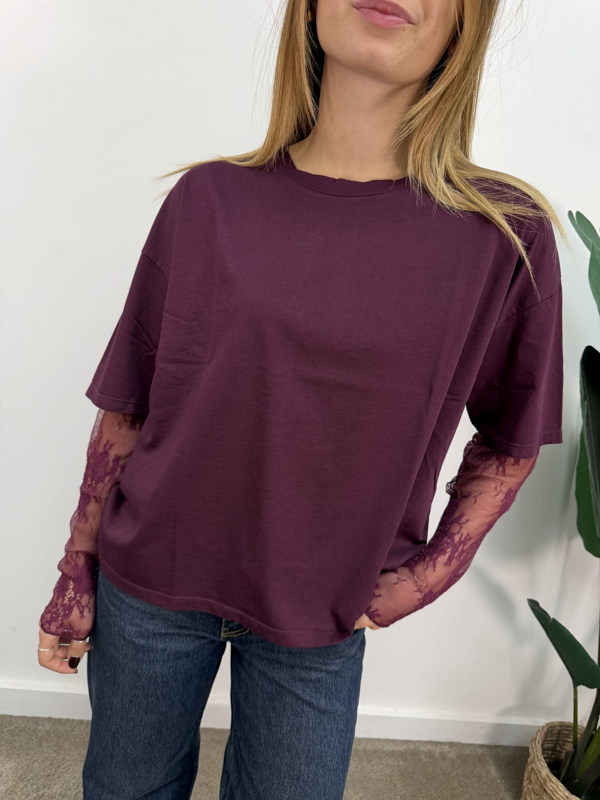 T-shirt girocollo mezza manica con inserto pizzo Susy Mix
