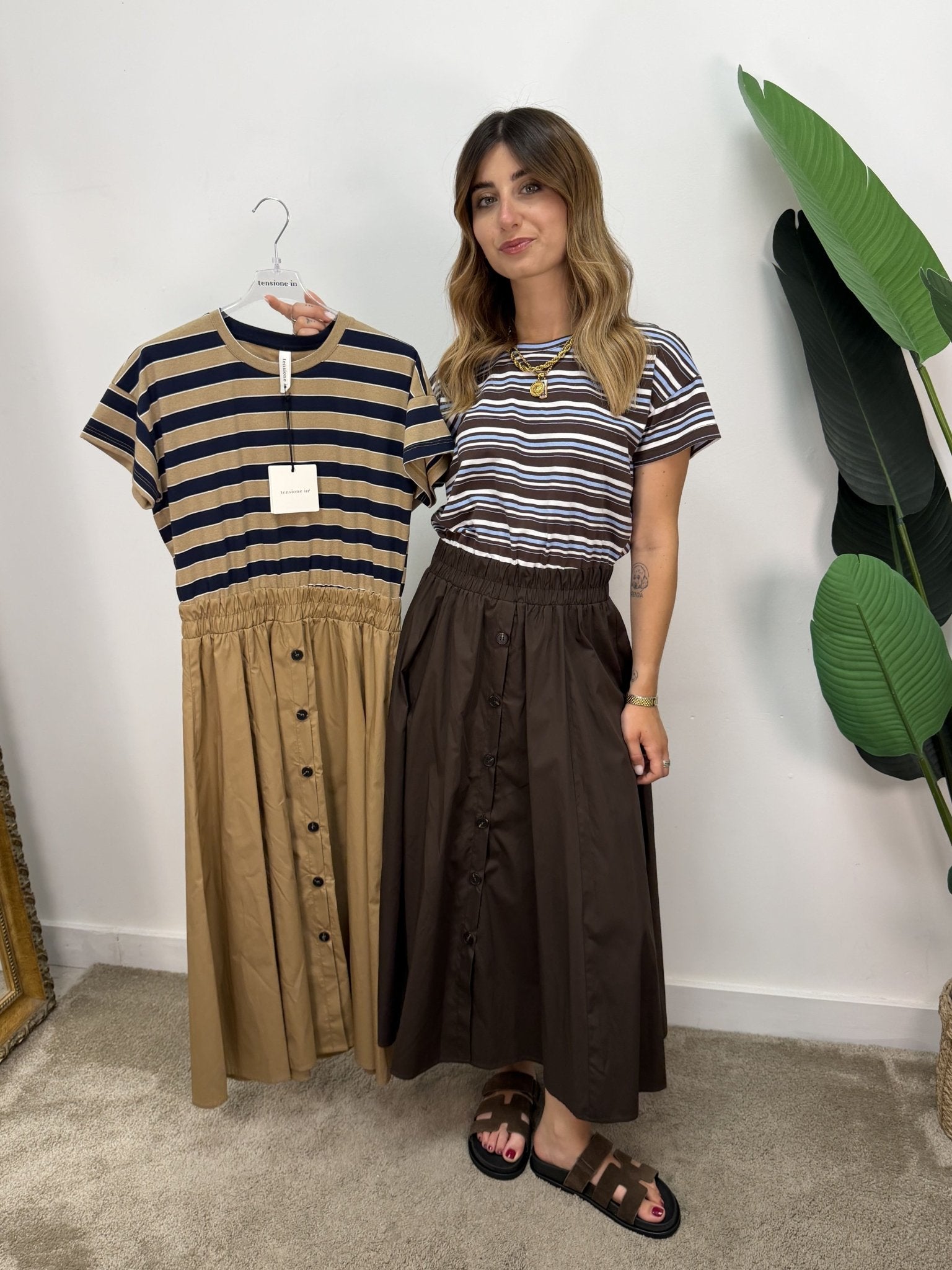 Abito combinato t-shirt a righe e gonna in popeline Tensione In - GiuGiò | Shop online