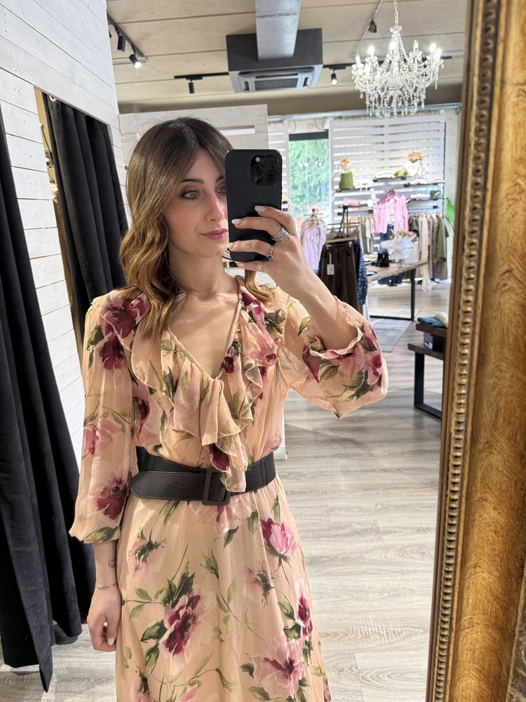 Abito lungo con balze e rouches stampa acquerello Dixie - GiuGiò | Shop online