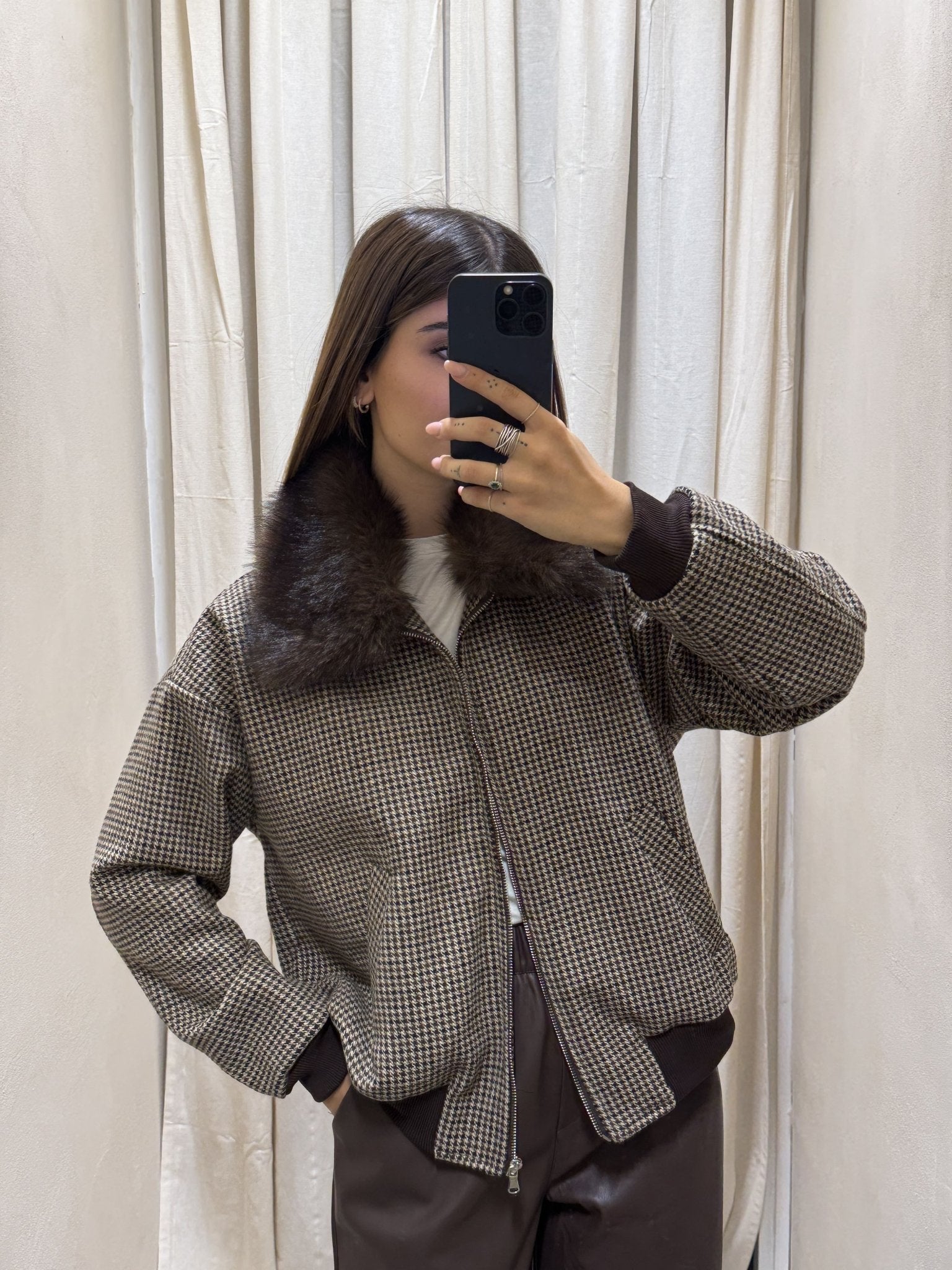 Bomber pied de poule con collo in eco pelliccia Susy Mix - GiuGiò | Shop online