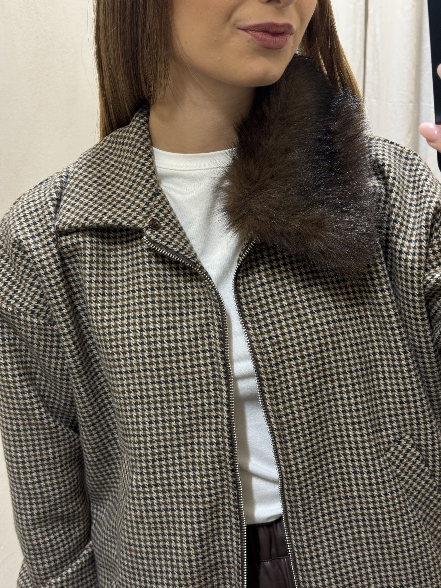 Bomber pied de poule con collo in eco pelliccia Susy Mix - GiuGiò | Shop online