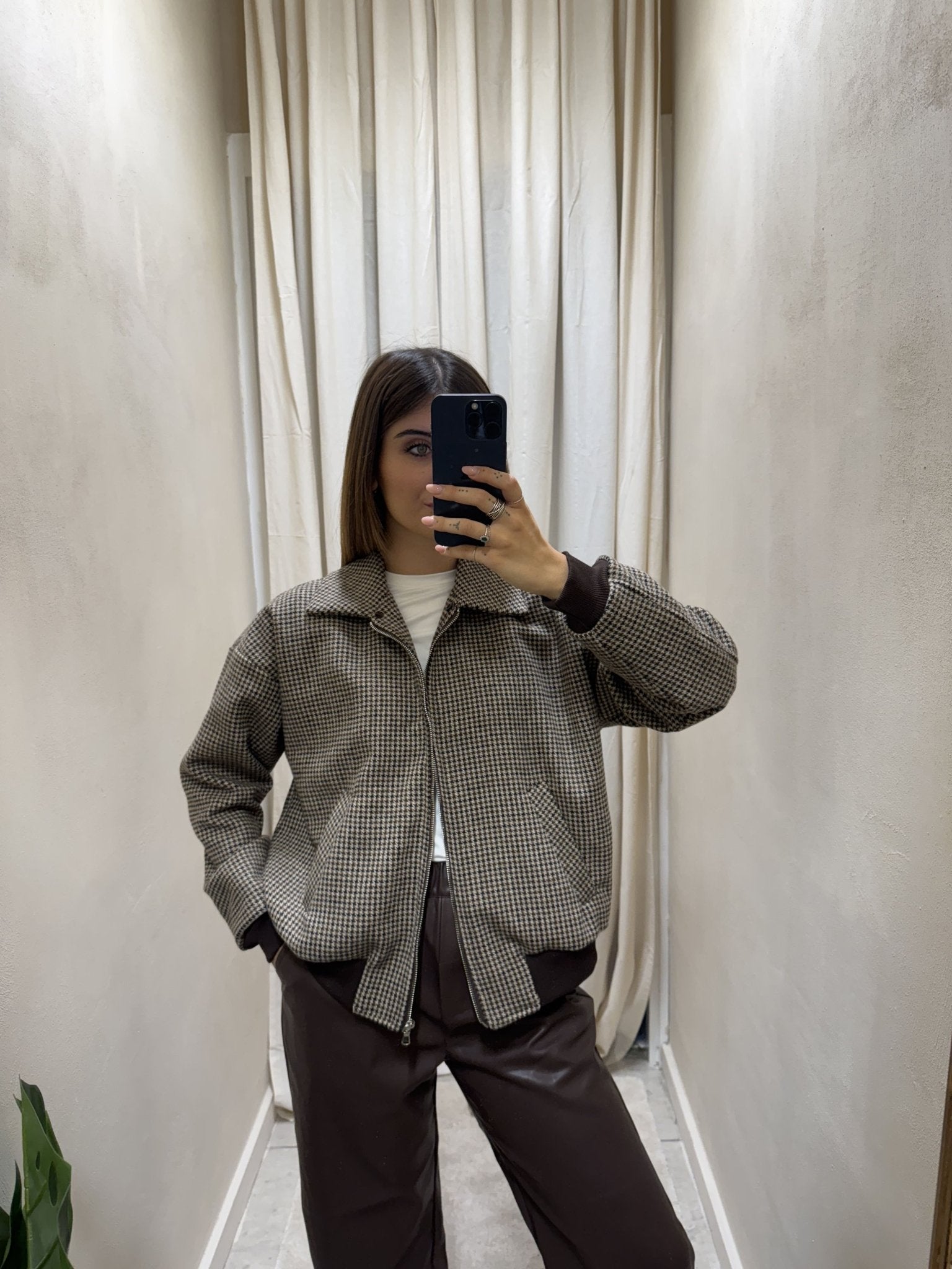 Bomber pied de poule con collo in eco pelliccia Susy Mix - GiuGiò | Shop online