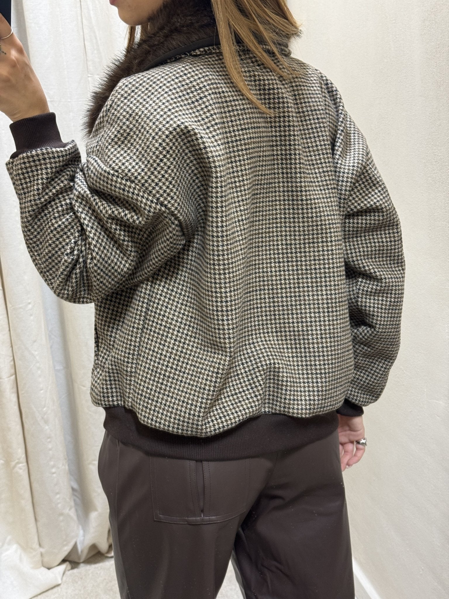 Bomber pied de poule con collo in eco pelliccia Susy Mix - GiuGiò | Shop online