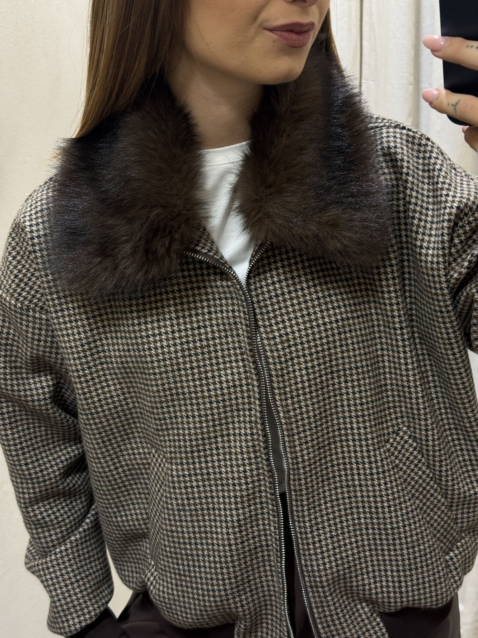 Bomber pied de poule con collo in eco pelliccia Susy Mix - GiuGiò | Shop online