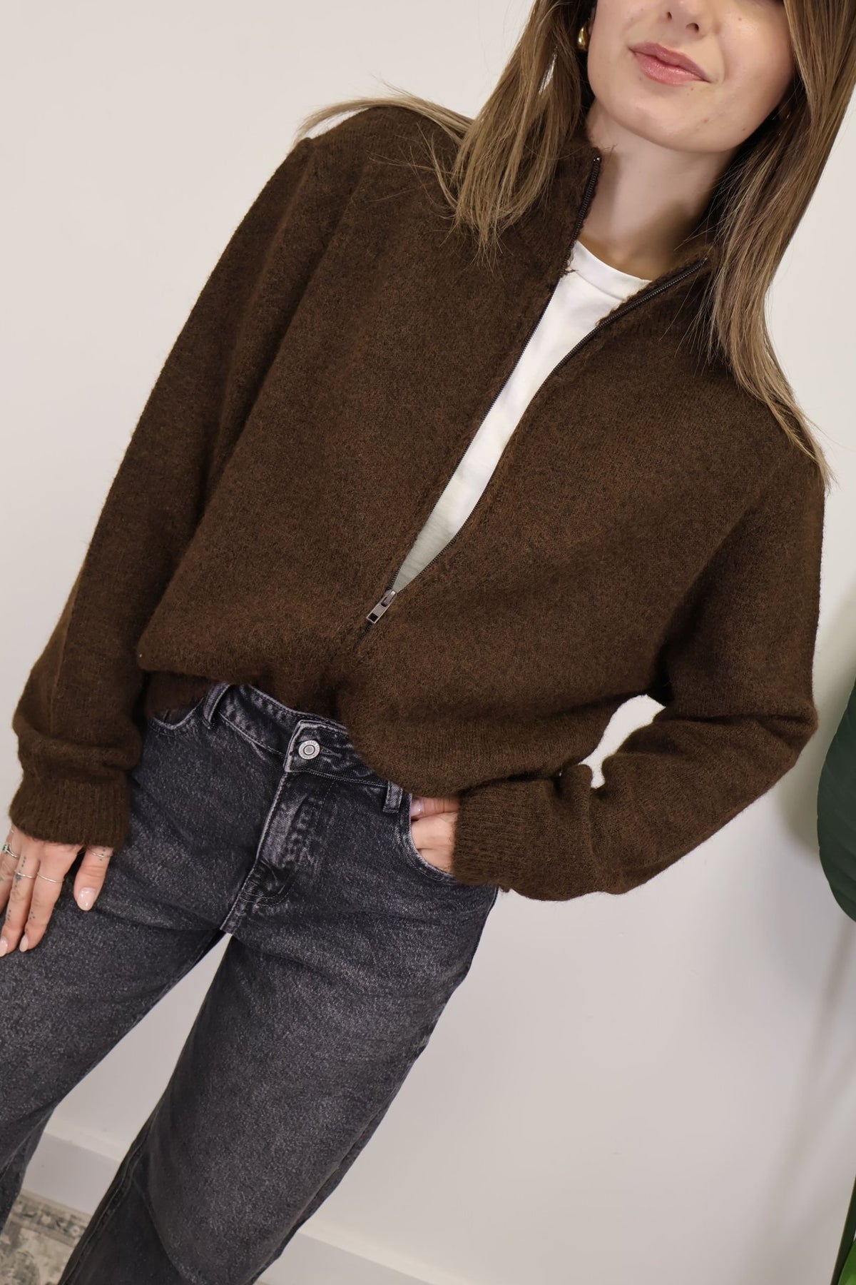 Cardigan collo cratere full zip marrone MyD - GiuGiò | Shop online