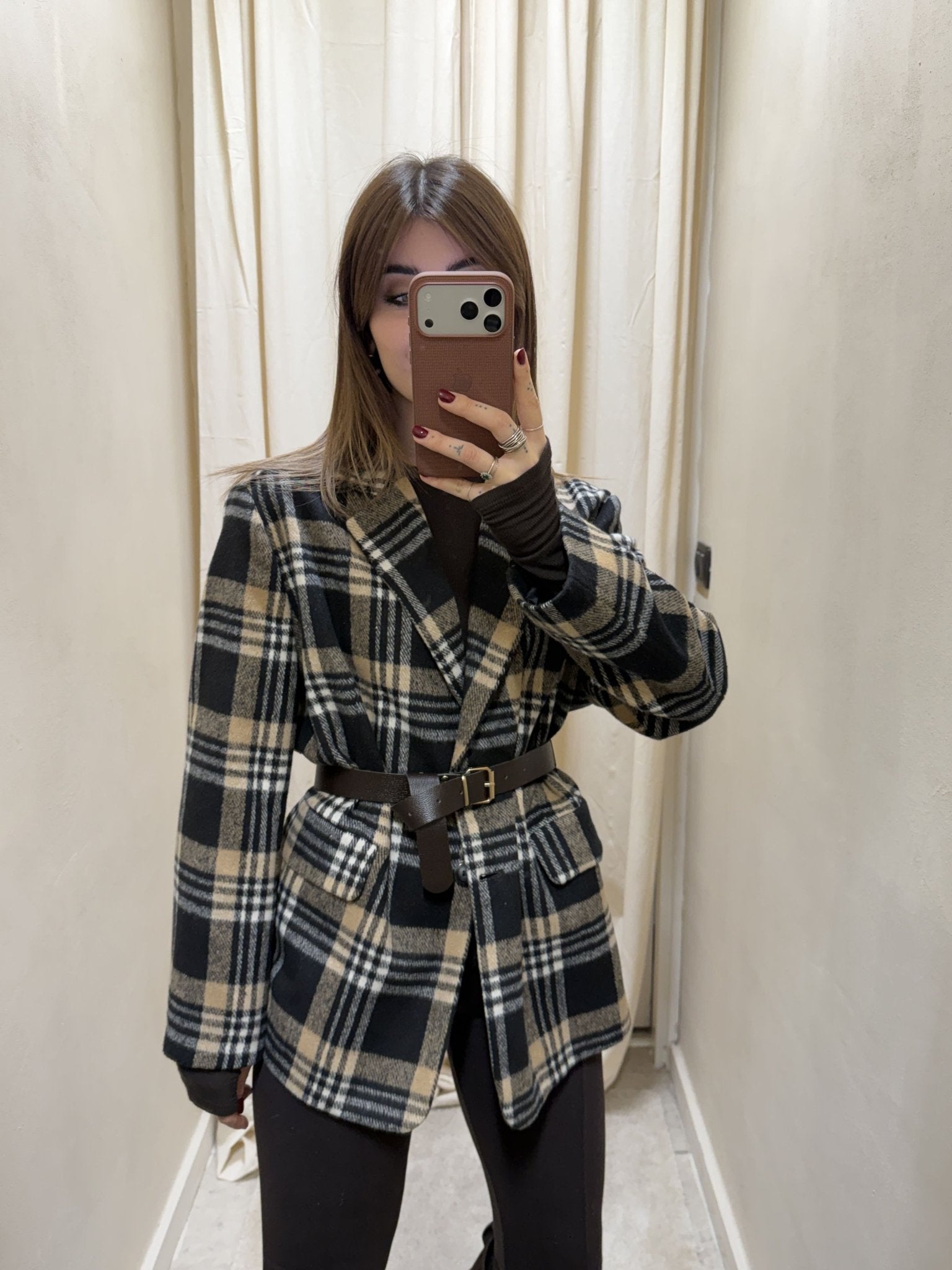 Giacca check misto lana con cintura Susy Mix - GiuGiò | Shop online