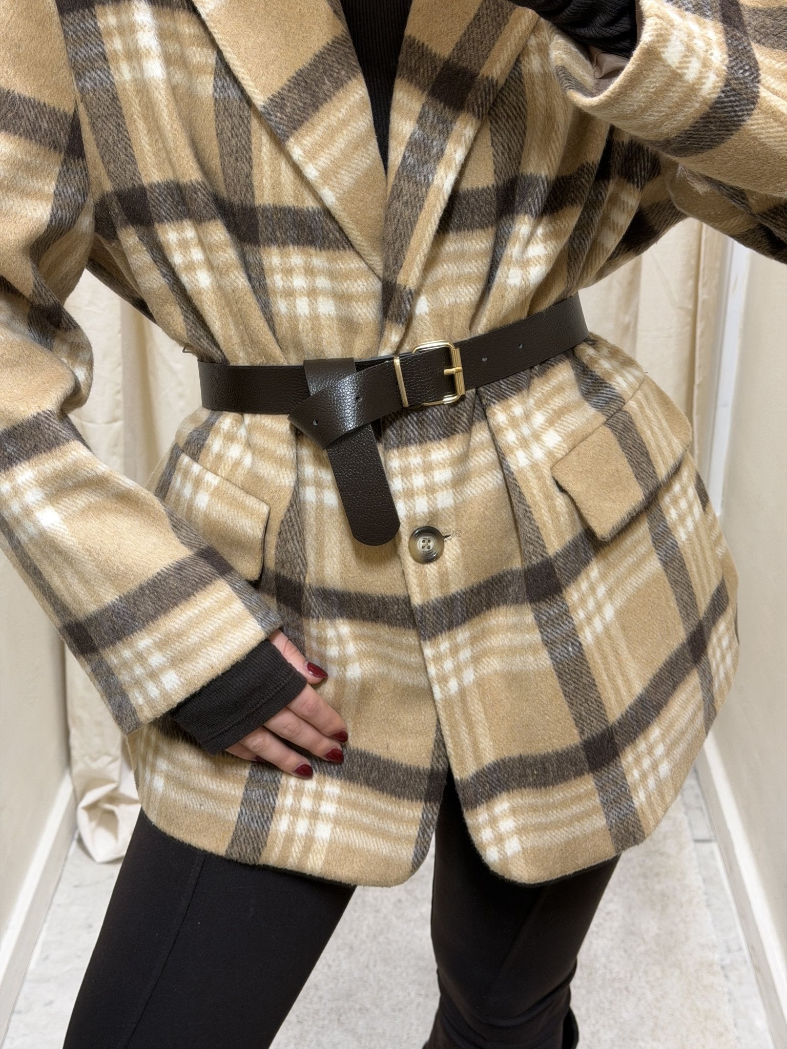 Giacca check misto lana con cintura Susy Mix - GiuGiò | Shop online