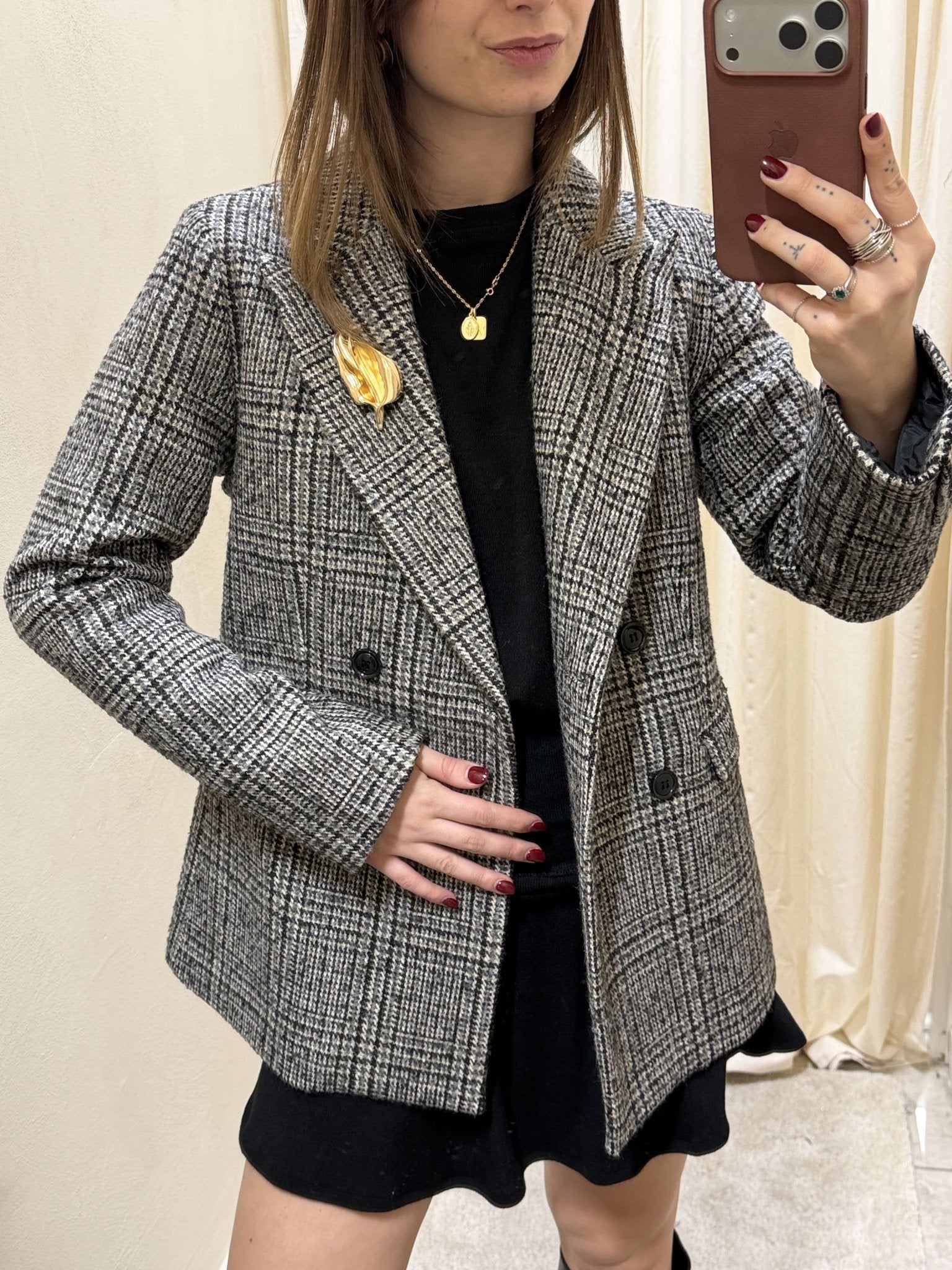 Giacca doppiopetto check grigio con spille Susy Mix - GiuGiò | Shop online