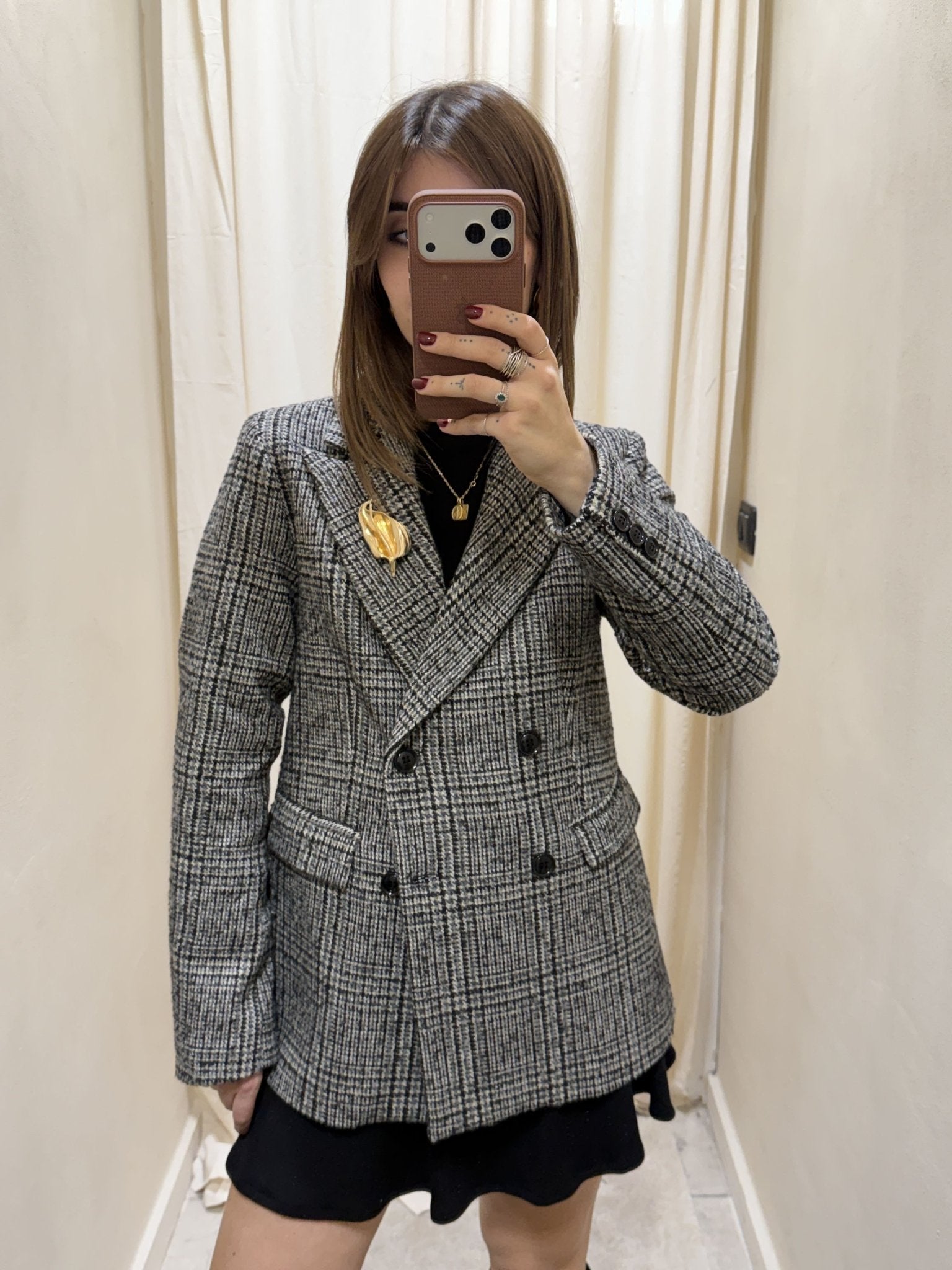 Giacca doppiopetto check grigio con spille Susy Mix - GiuGiò | Shop online