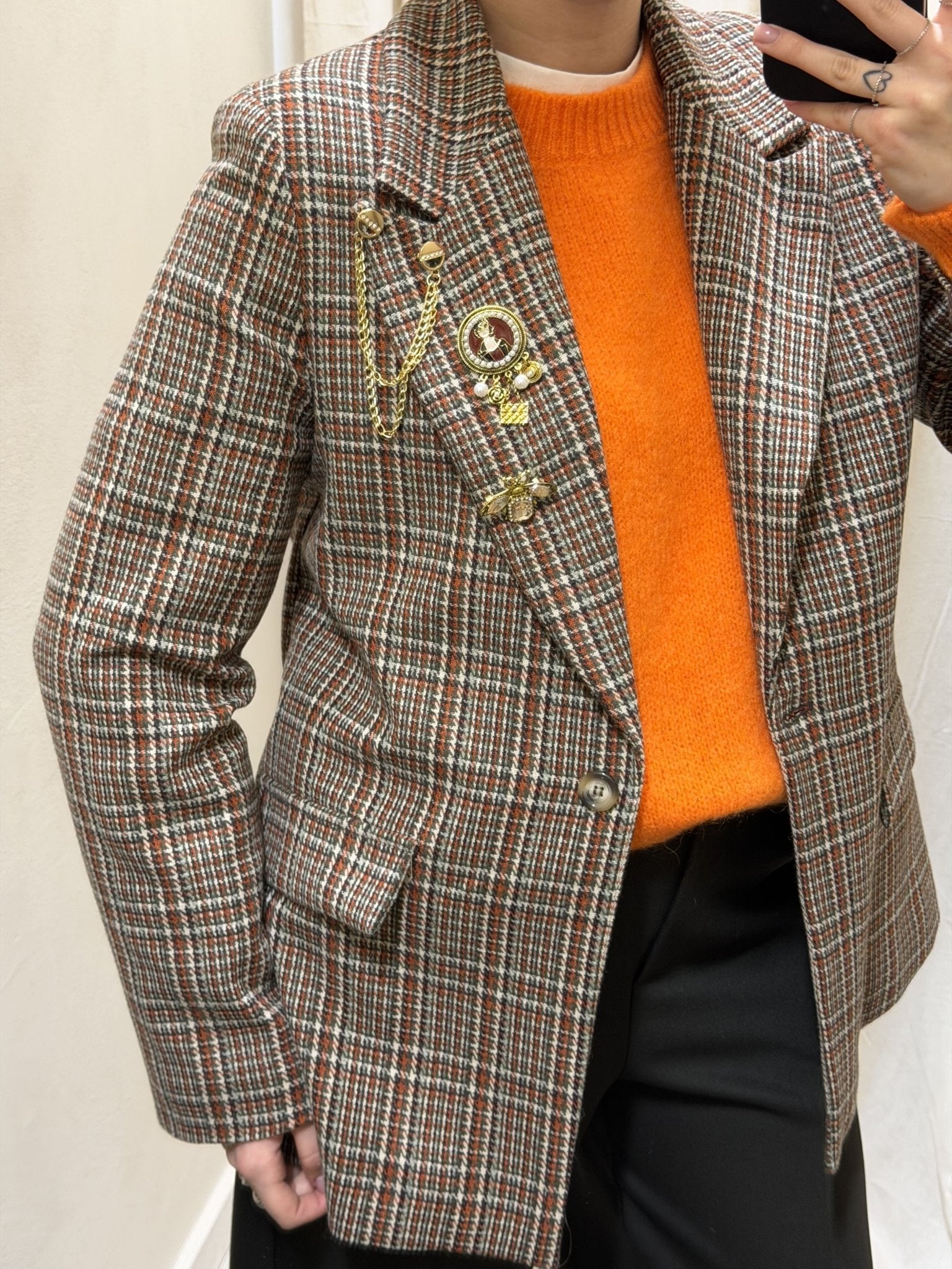 Giacca monopetto micro pied - de - poule con spille Susy Mix - GiuGiò | Shop online