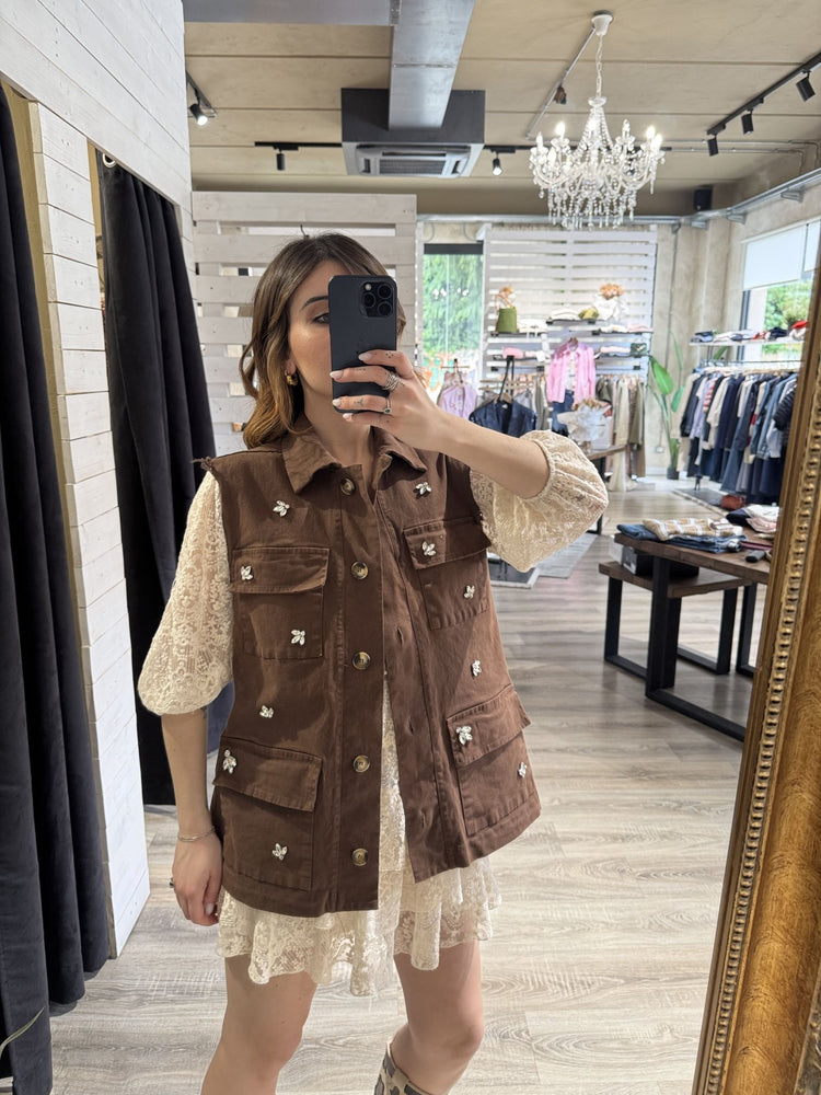 Gilet in cotone gabardine con applicazioni cabochon Susy Mix - GiuGiò | Shop online