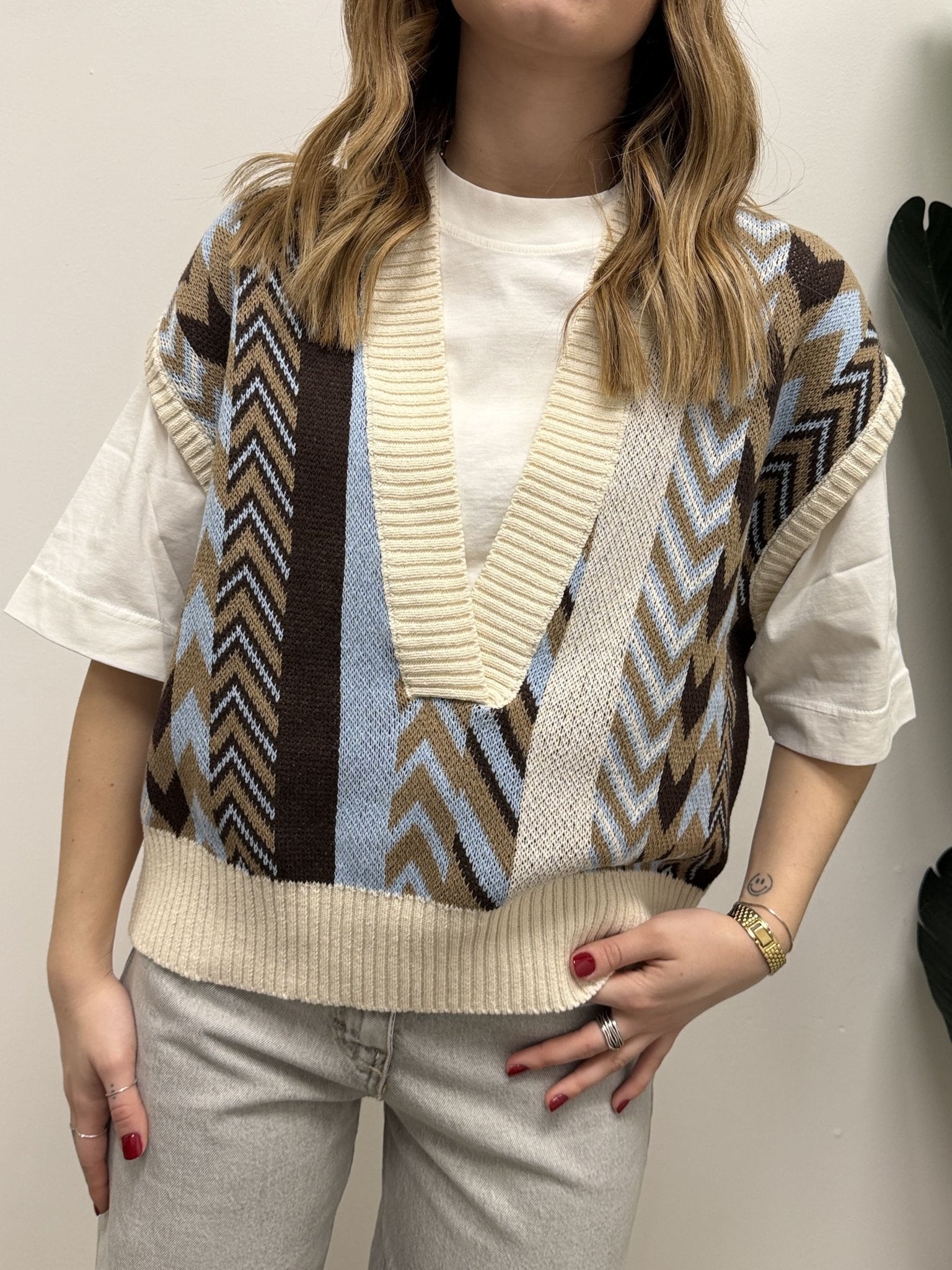 Gilet scollo V jacquard con disegno geometrico HaveOne - GiuGiò | Shop online