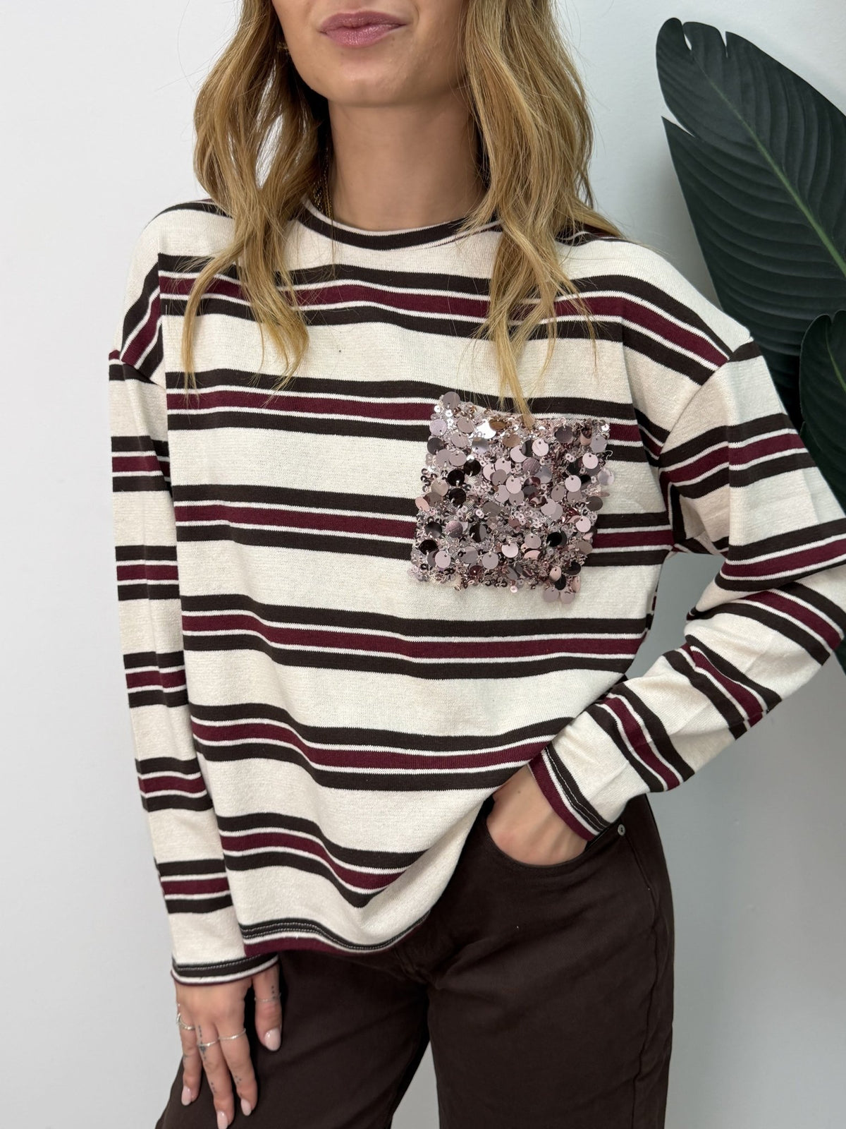 Maglia girocollo rigata con taschino paillettes Susy Mix - GiuGiò | Shop online
