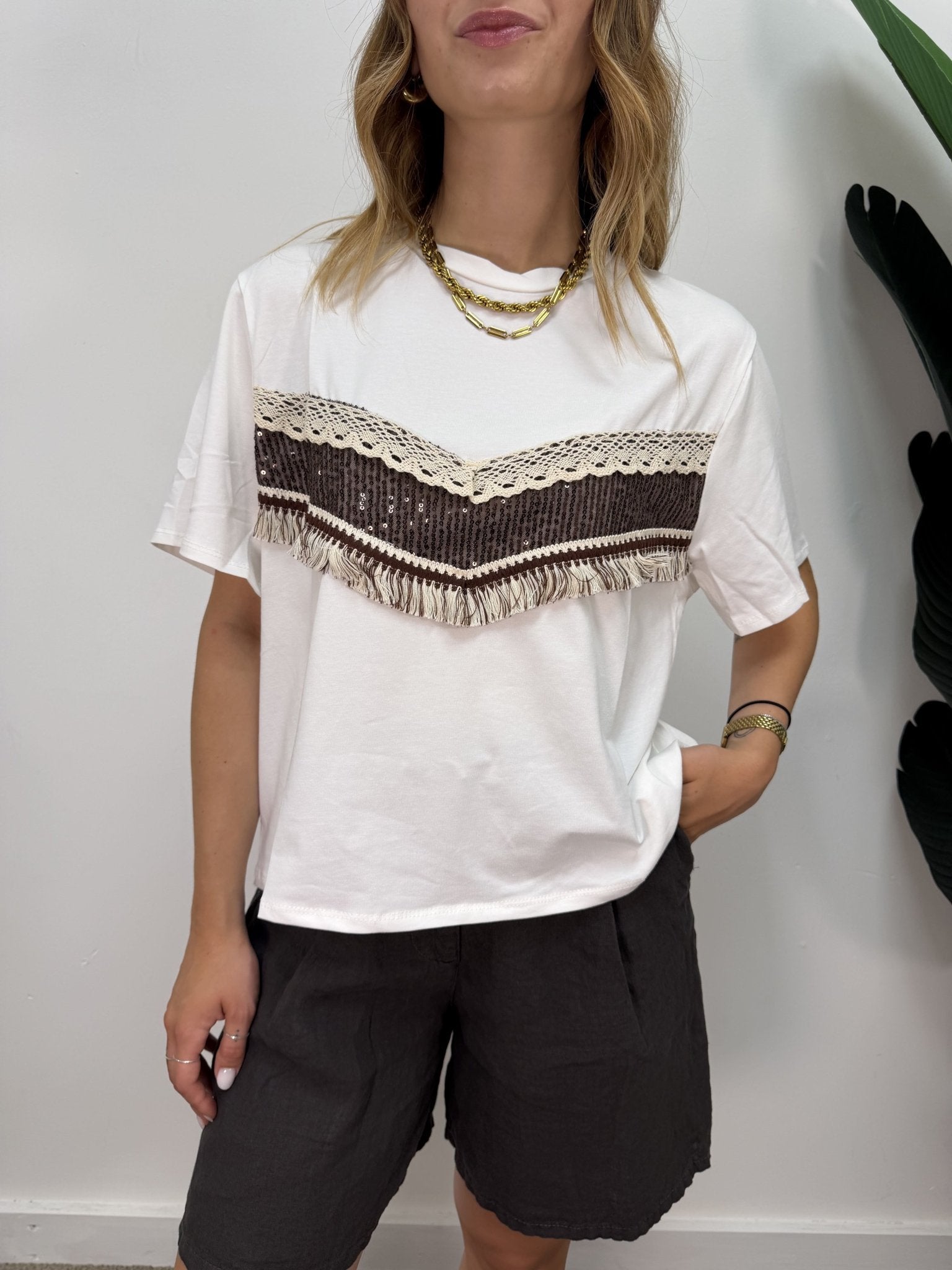 T-shirt ricamo macramè paillettes e frange Susy Mix - GiuGiò | Shop online