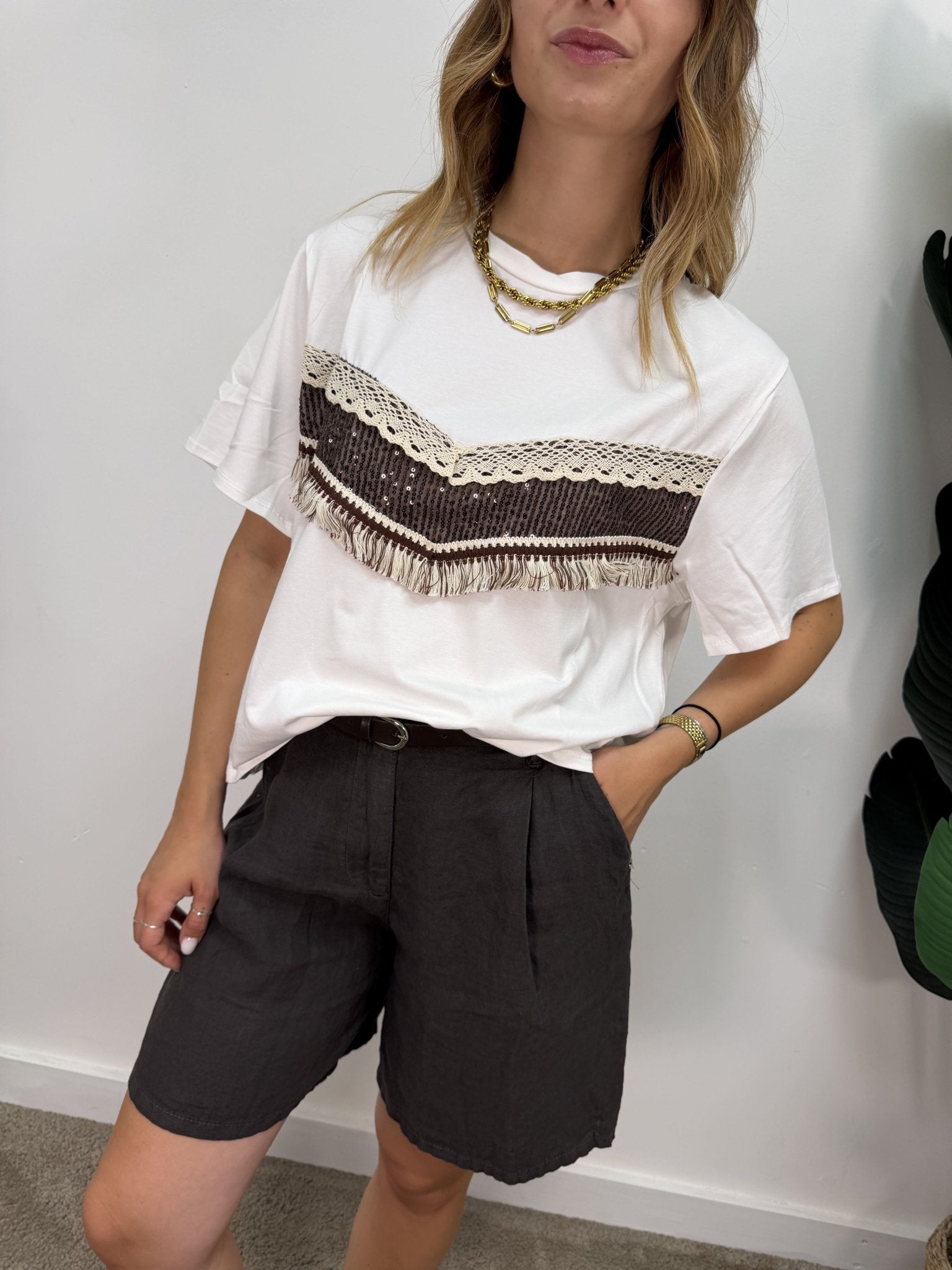T-shirt ricamo macramè paillettes e frange Susy Mix - GiuGiò | Shop online