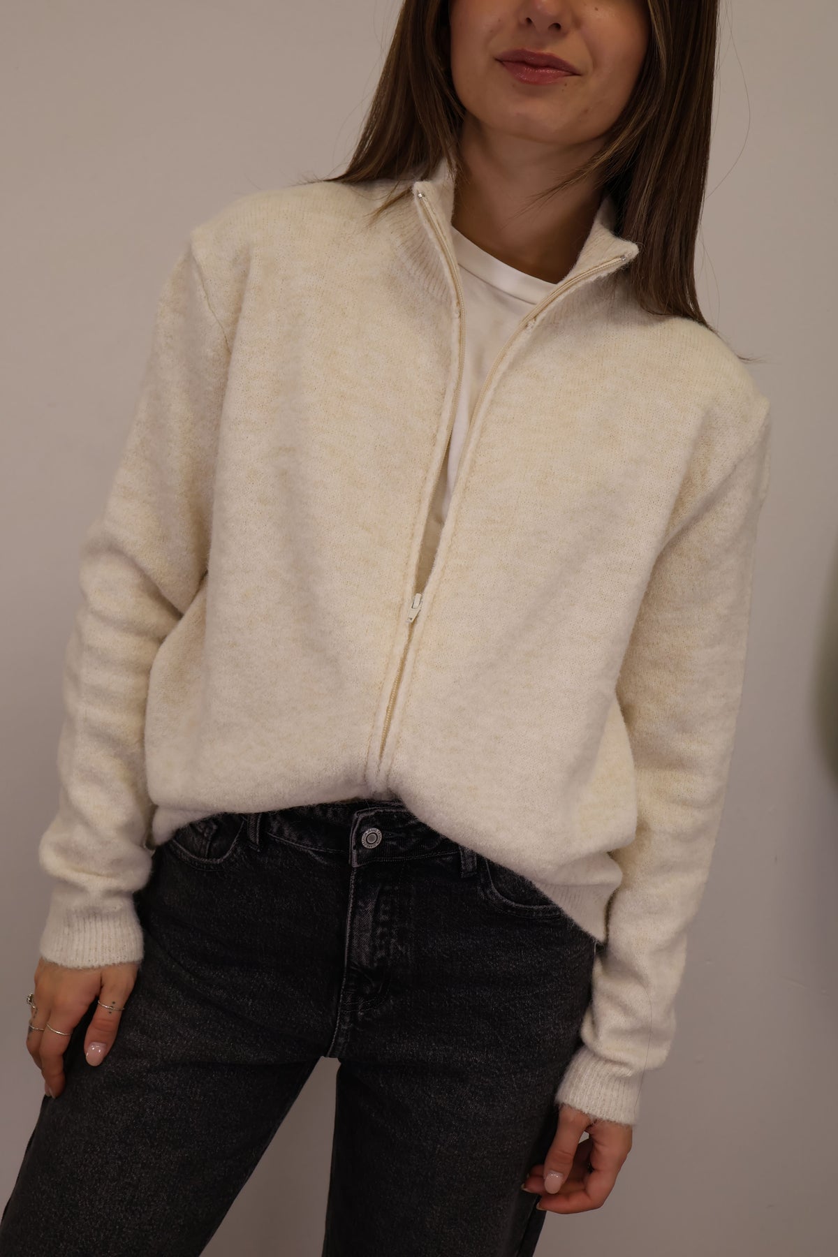 Cardigan collo cratere full zip panna MyD
