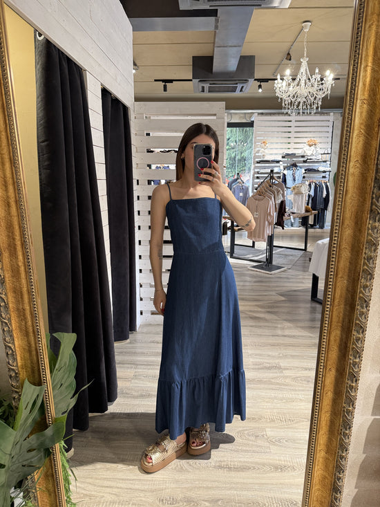 Abito lungo in denim scollo quadrato con fiocco Dixie