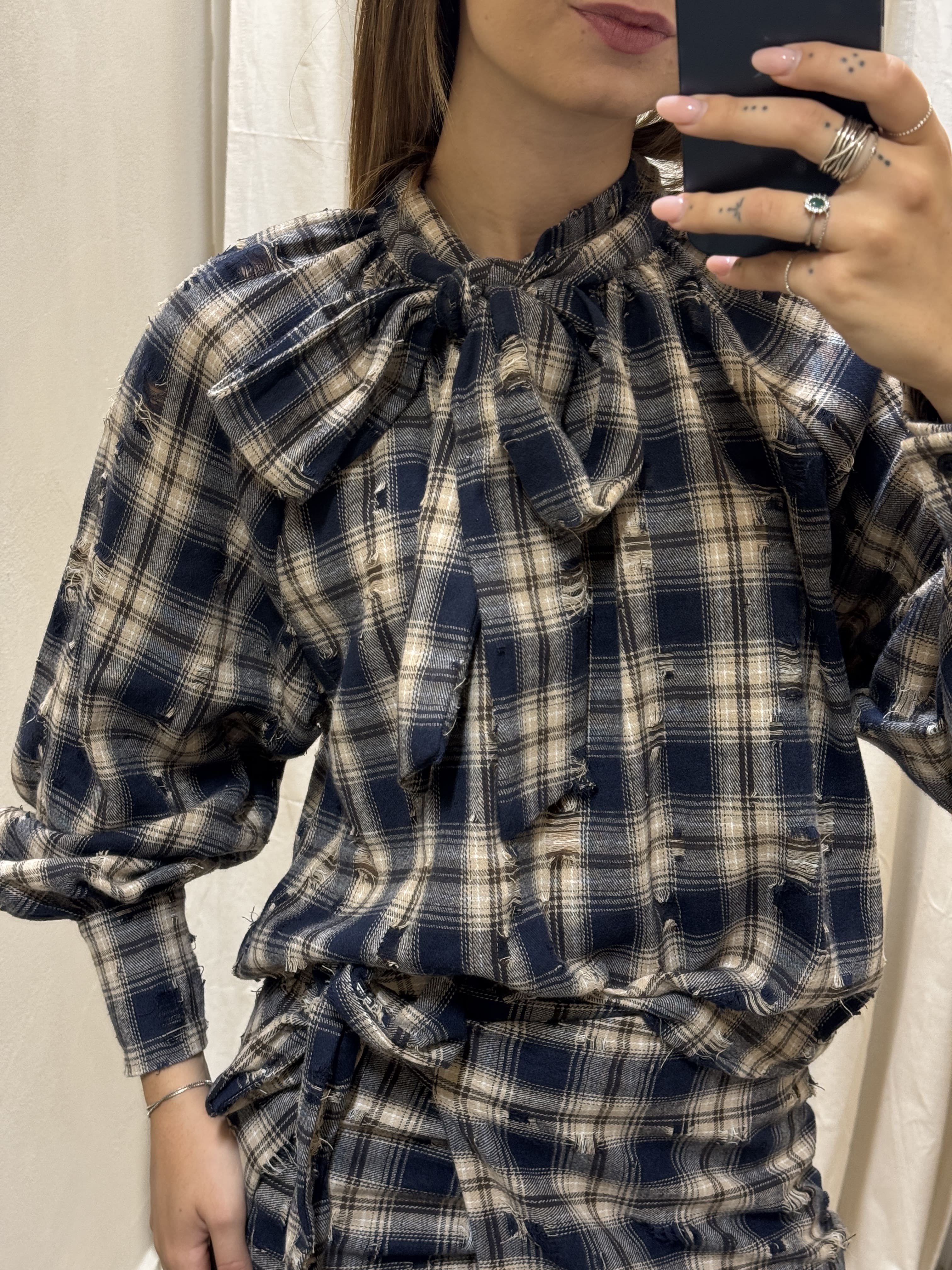 Blusa in flanella stampa check con fiocco HaveOne
