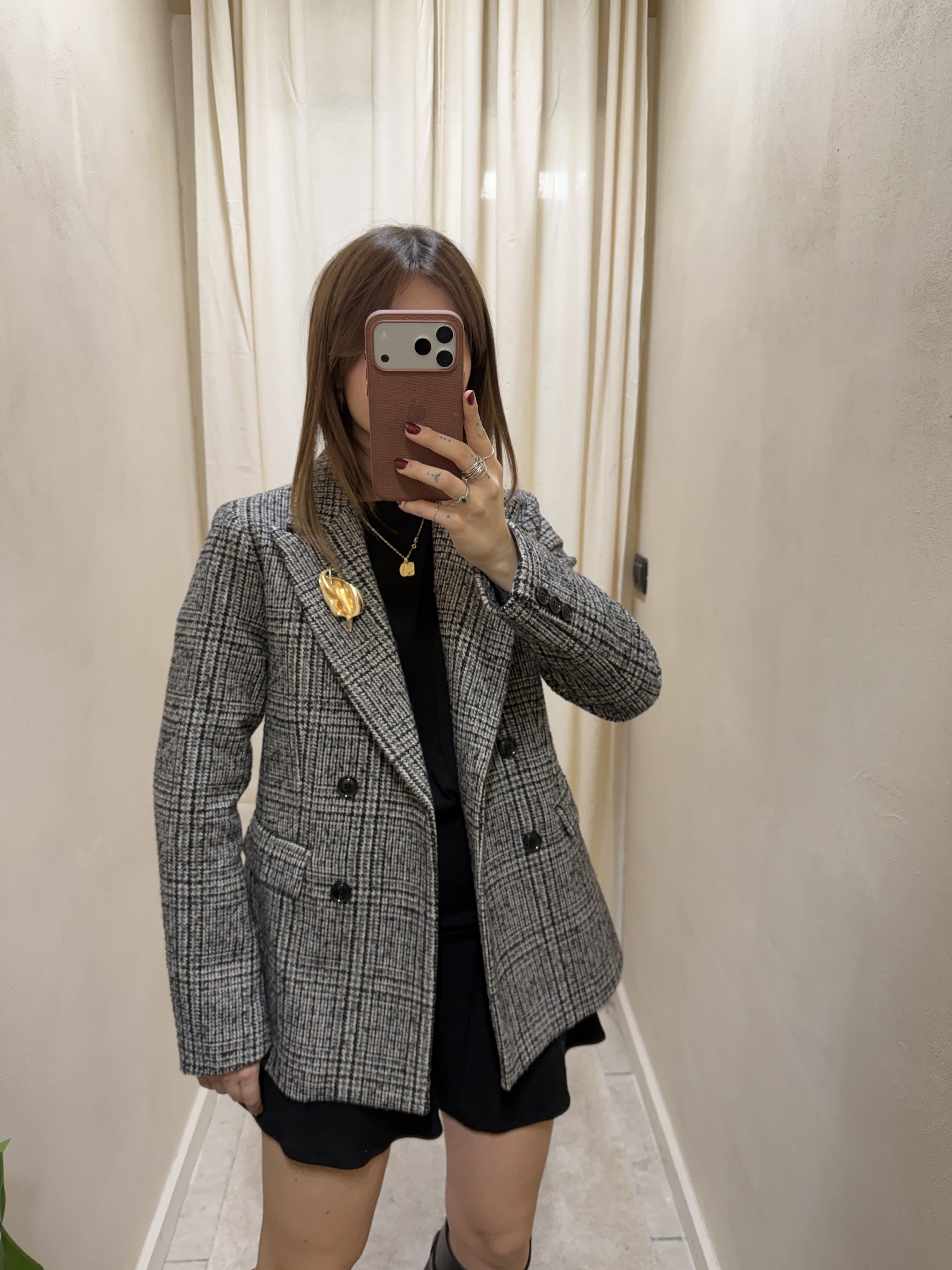 Giacca doppiopetto check grigio con spille Susy Mix