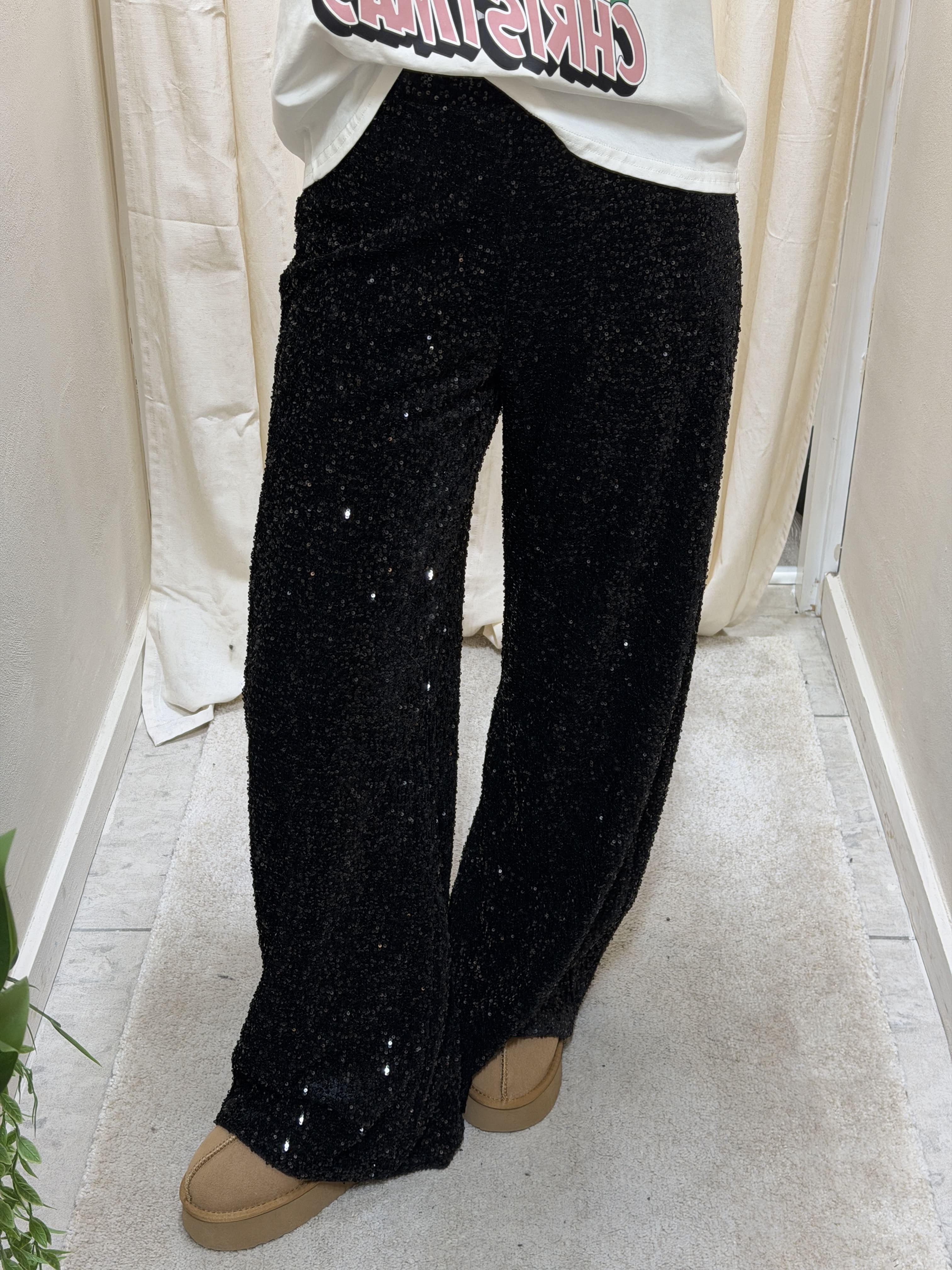 Pantalone gamba dritta in ciniglia velluto con paillettes MyD