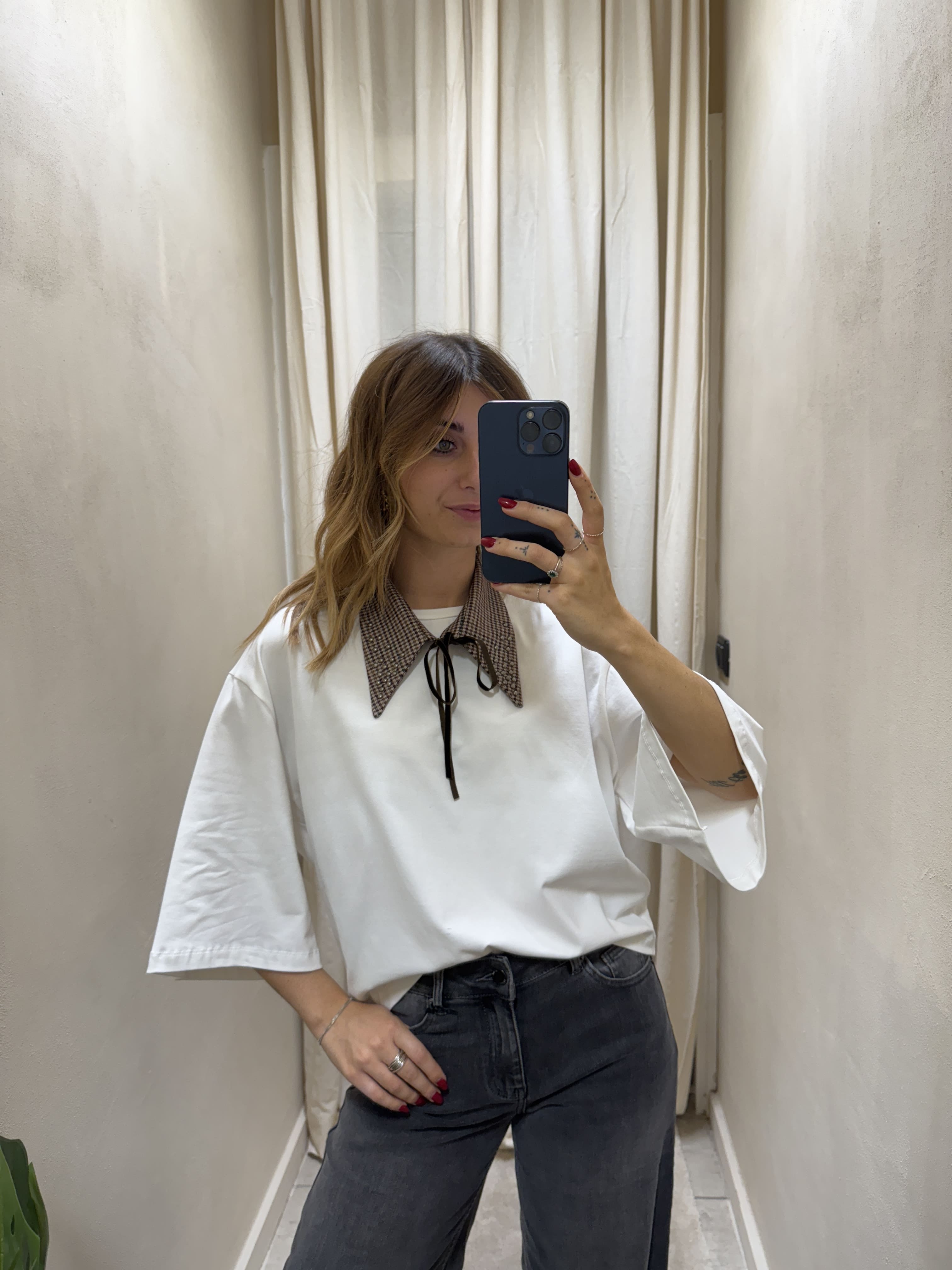 T-Shirt girocollo con colletto check Susy Mix