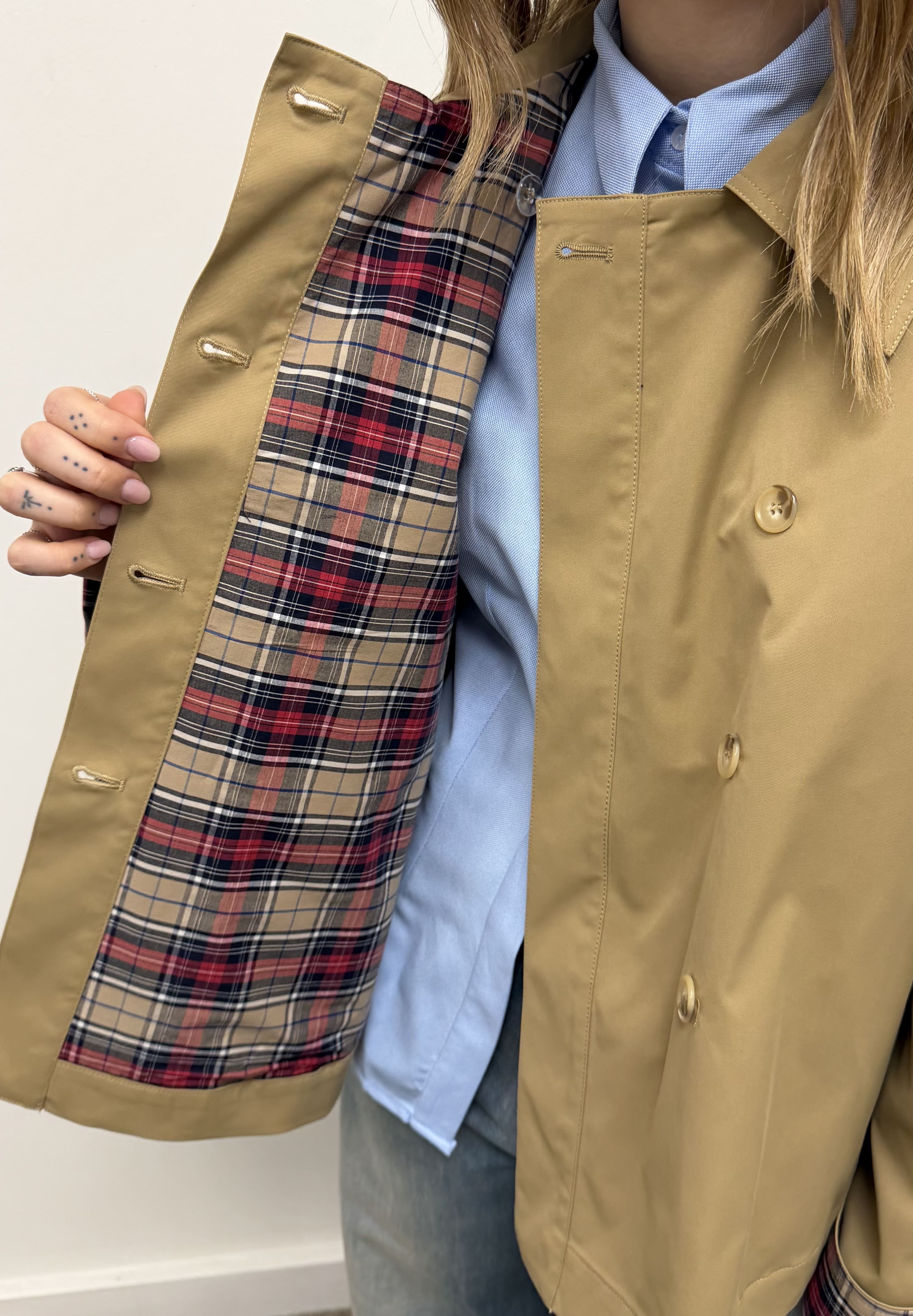 Trench corto monopetto con inserti in tartan Dixie