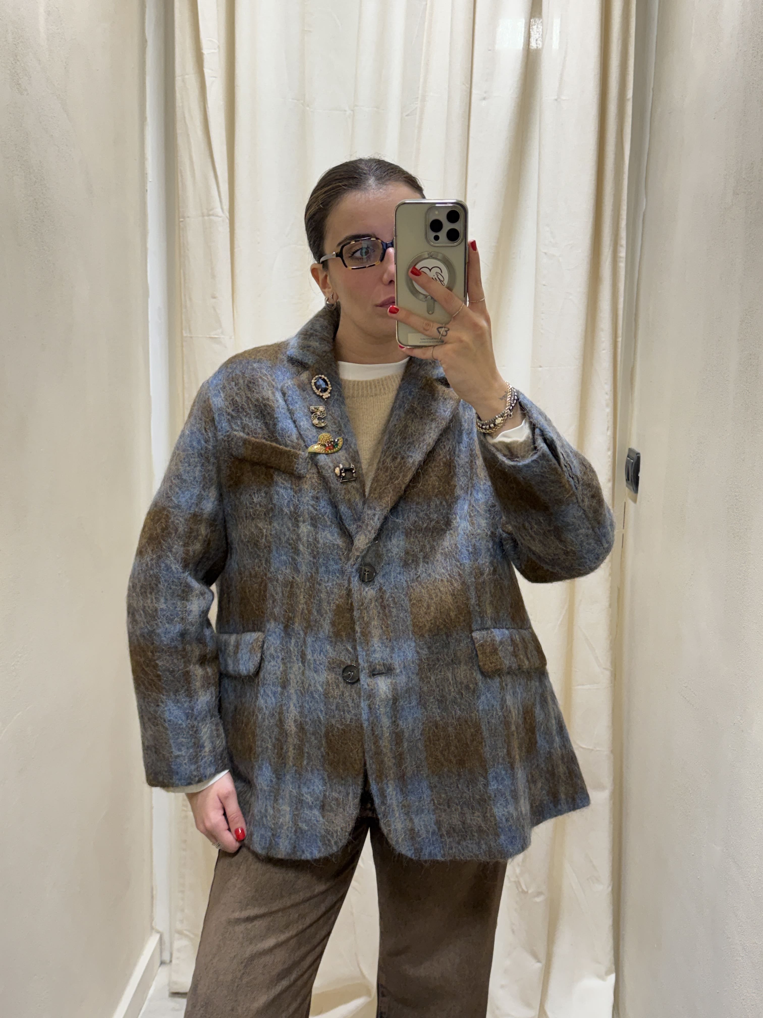 Giacca check lana cotta con spille Tensione In