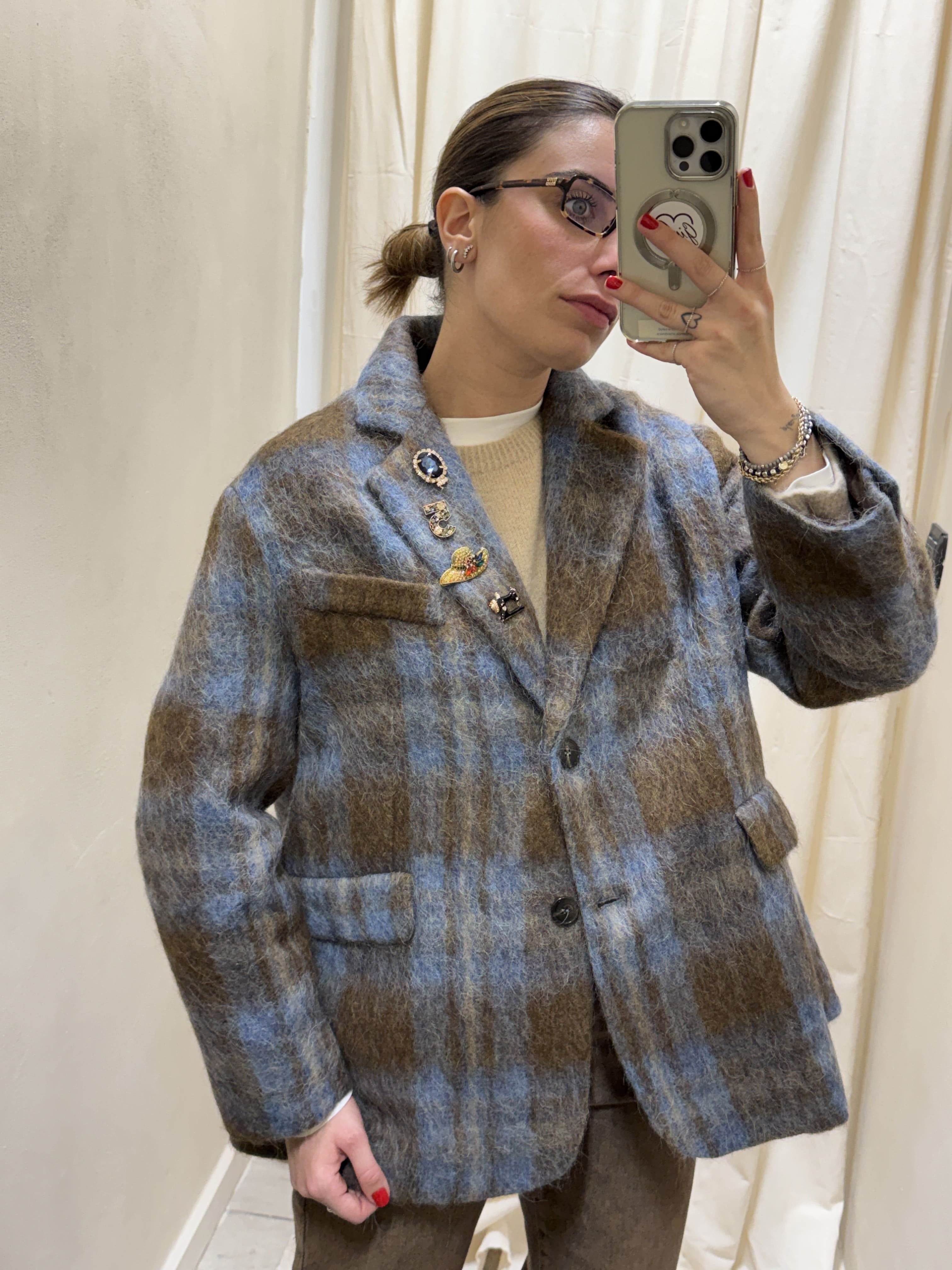 Giacca check lana cotta con spille Tensione In