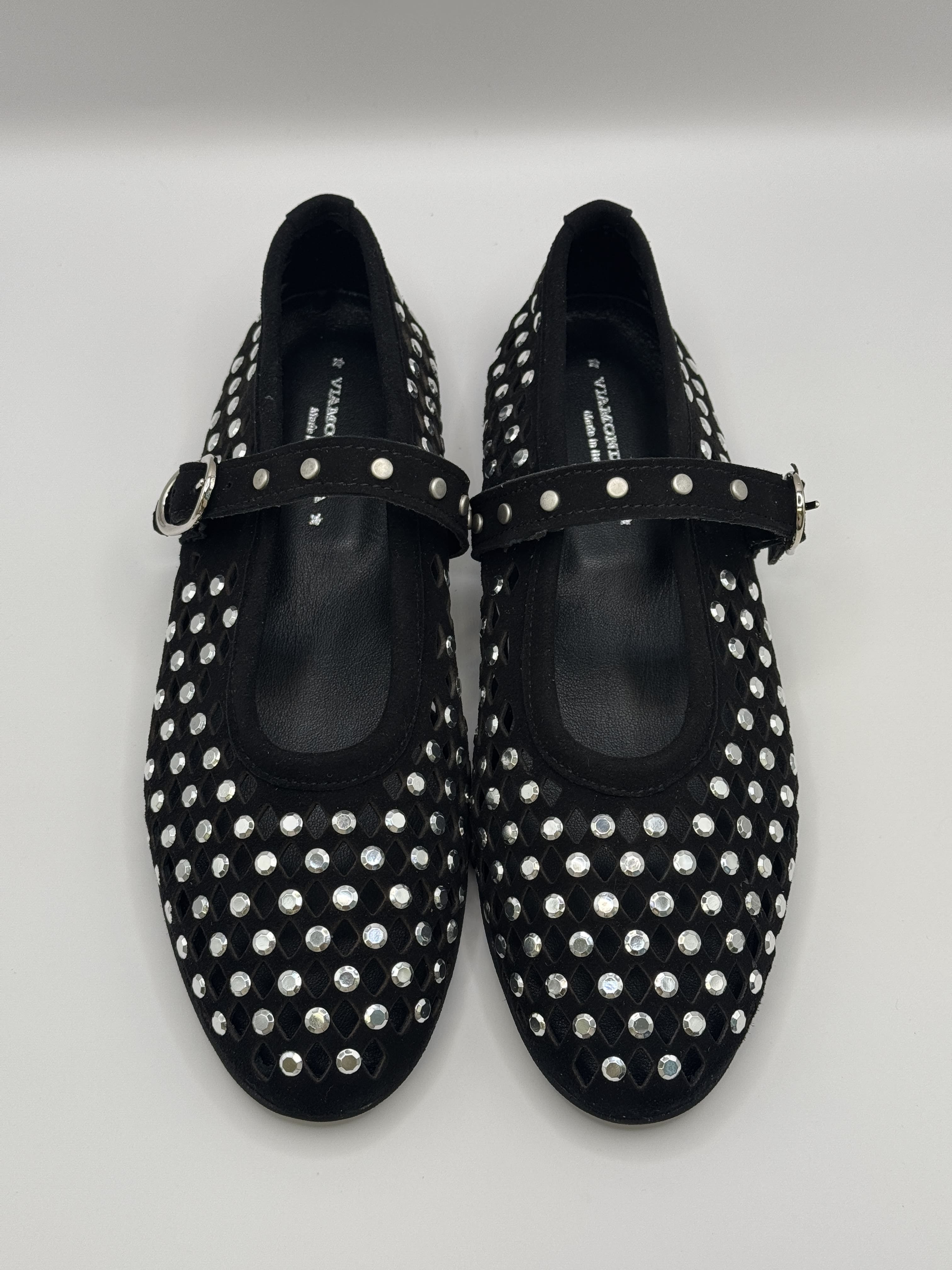 Ballerina a rete in pelle con borchie e strass Via Mondana
