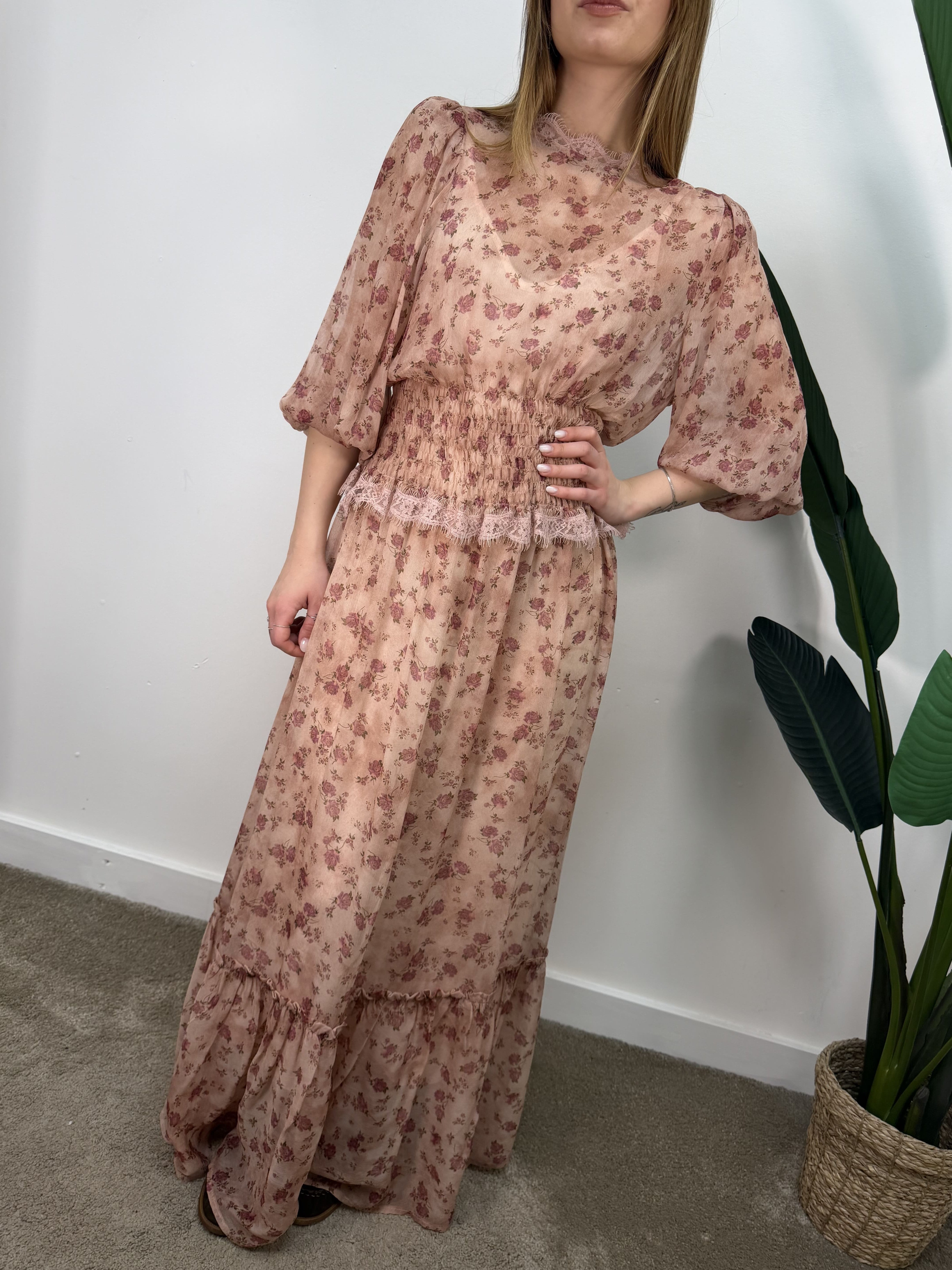 Abito lungo fantasia floreale con banda elastica Tensione In