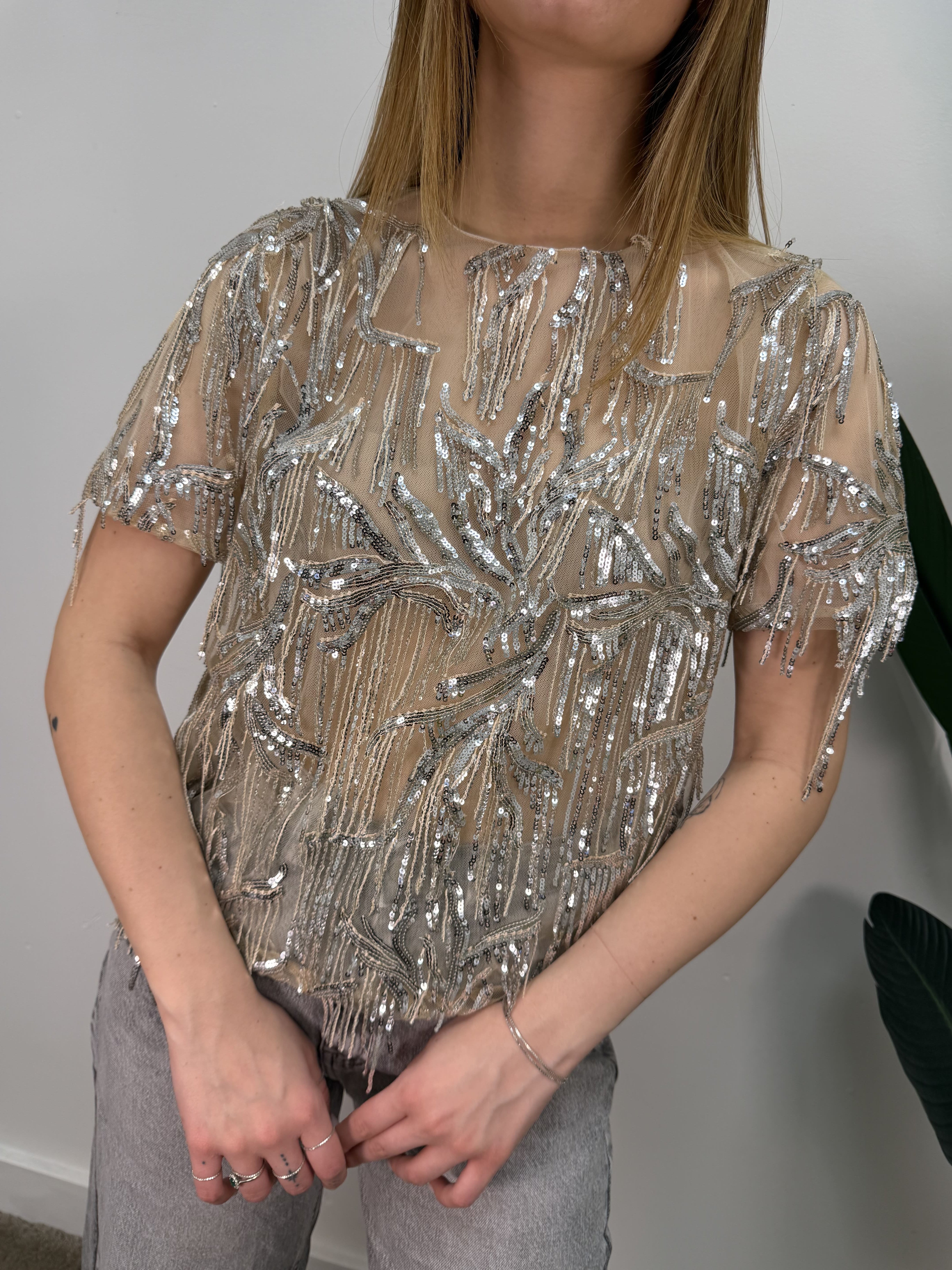 Top in tulle con paillettes argento Tensione In
